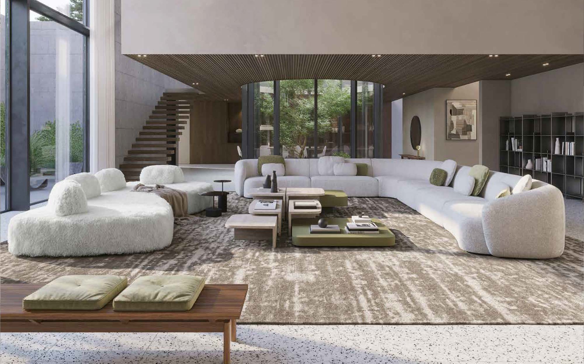 Spacious living room with oversized L-shaped sofa in light fabric and green accents – Express Yourself Collection by Vibieffe | 101DOMUS