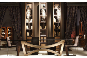 Annibale Colombo furniture: dining room with glass-top table and bookcases, bespoke Italian furniture
