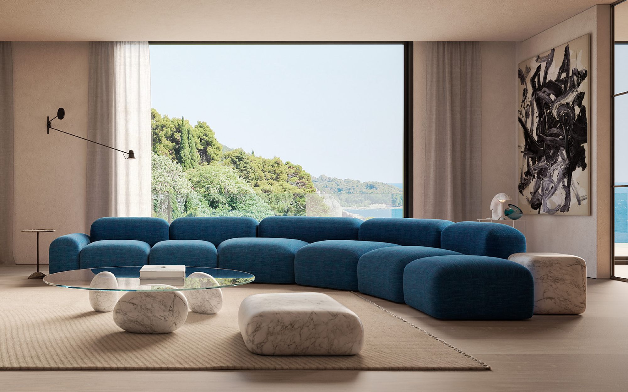 Amura Design Collection blue velvet modular sofa with marble pebble coffee table Amura Design Collection blue velvet modular sofa with marble pebble coffee table – Italian luxury contemporary furniture