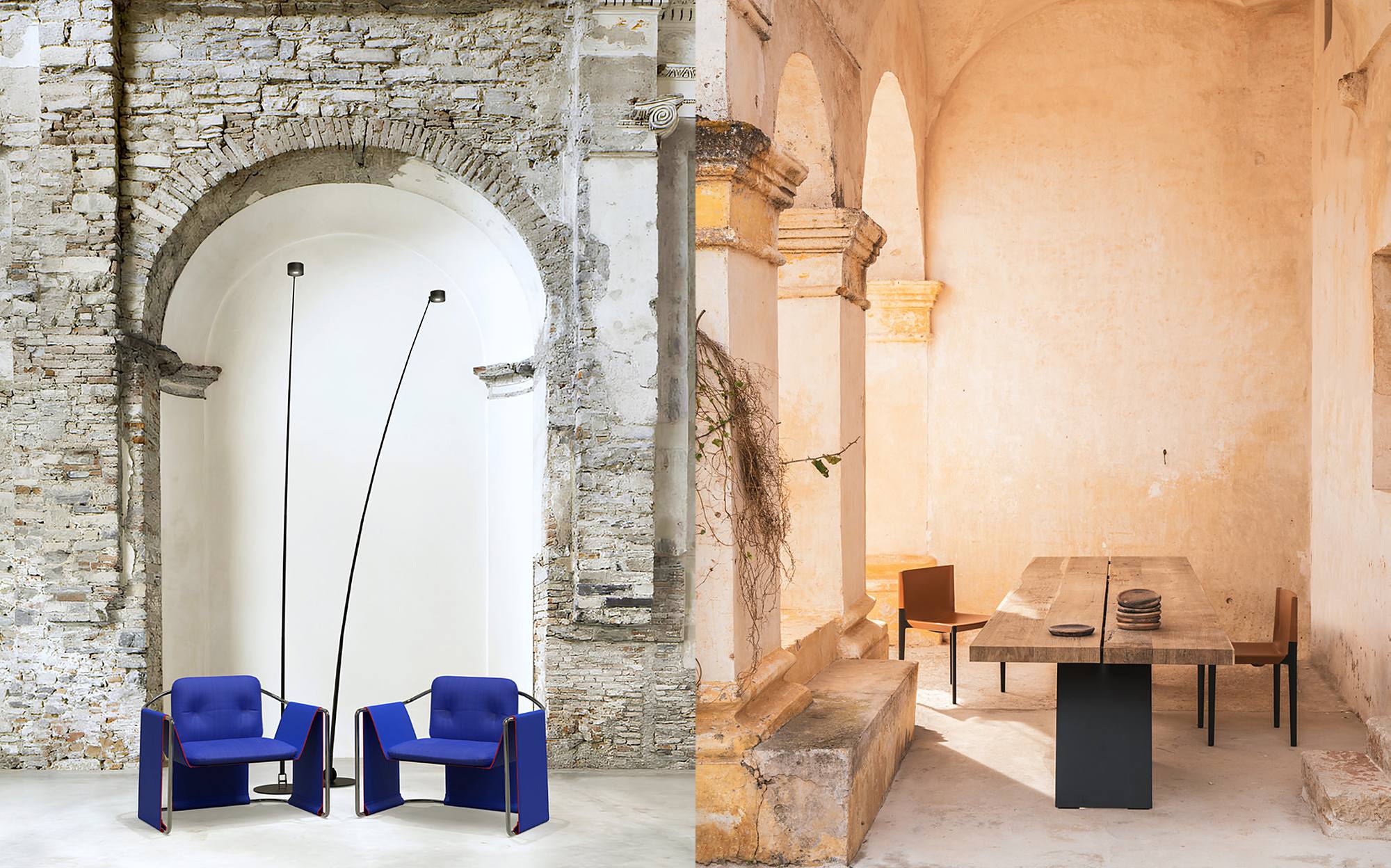Amura Design Collection blue armchairs in a stone arch and oak dining table Amura Design Collection blue armchairs in a stone arch and oak dining table – Italian luxury contemporary furniture
