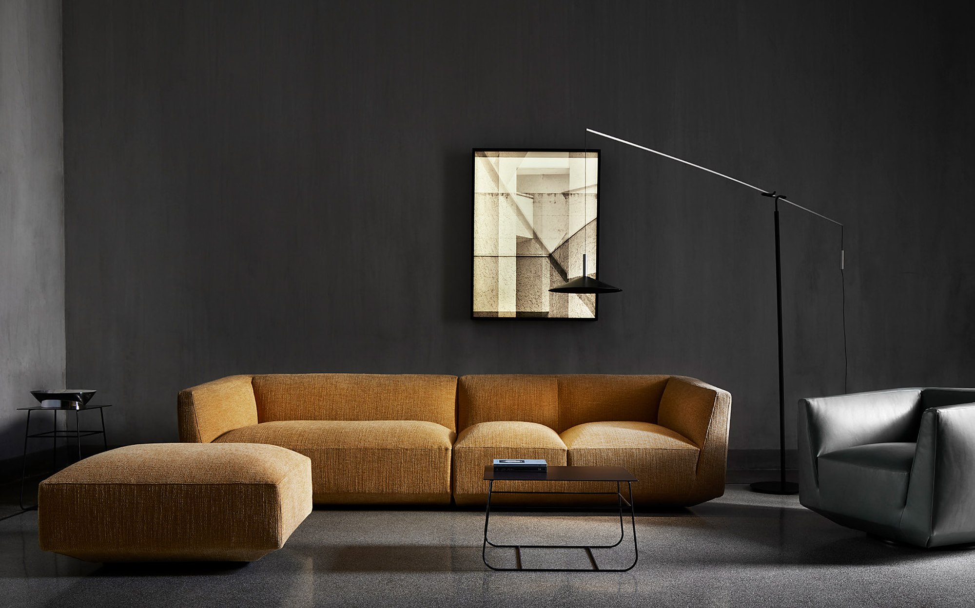Amura Design Collection ochre velvet sofa with dark leather armchair Amura Design Collection ochre velvet sofa with dark leather armchair – Italian luxury contemporary furniture