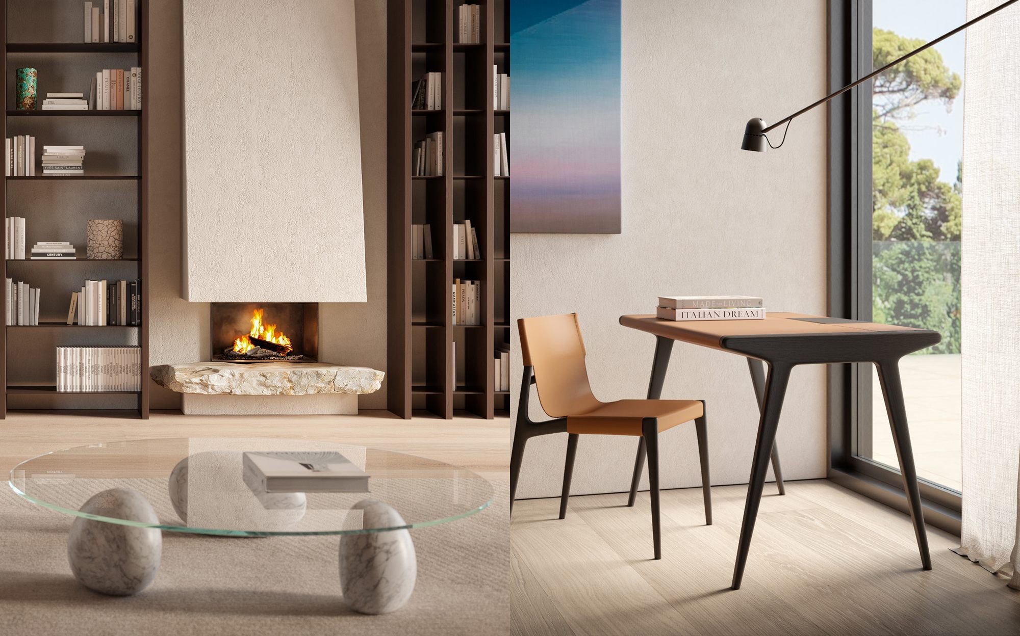 Amura Design Collection bookcase with fireplace and leather chair with wood desk Amura Design Collection bookcase with fireplace and leather chair with wood desk – Italian luxury contemporary furniture