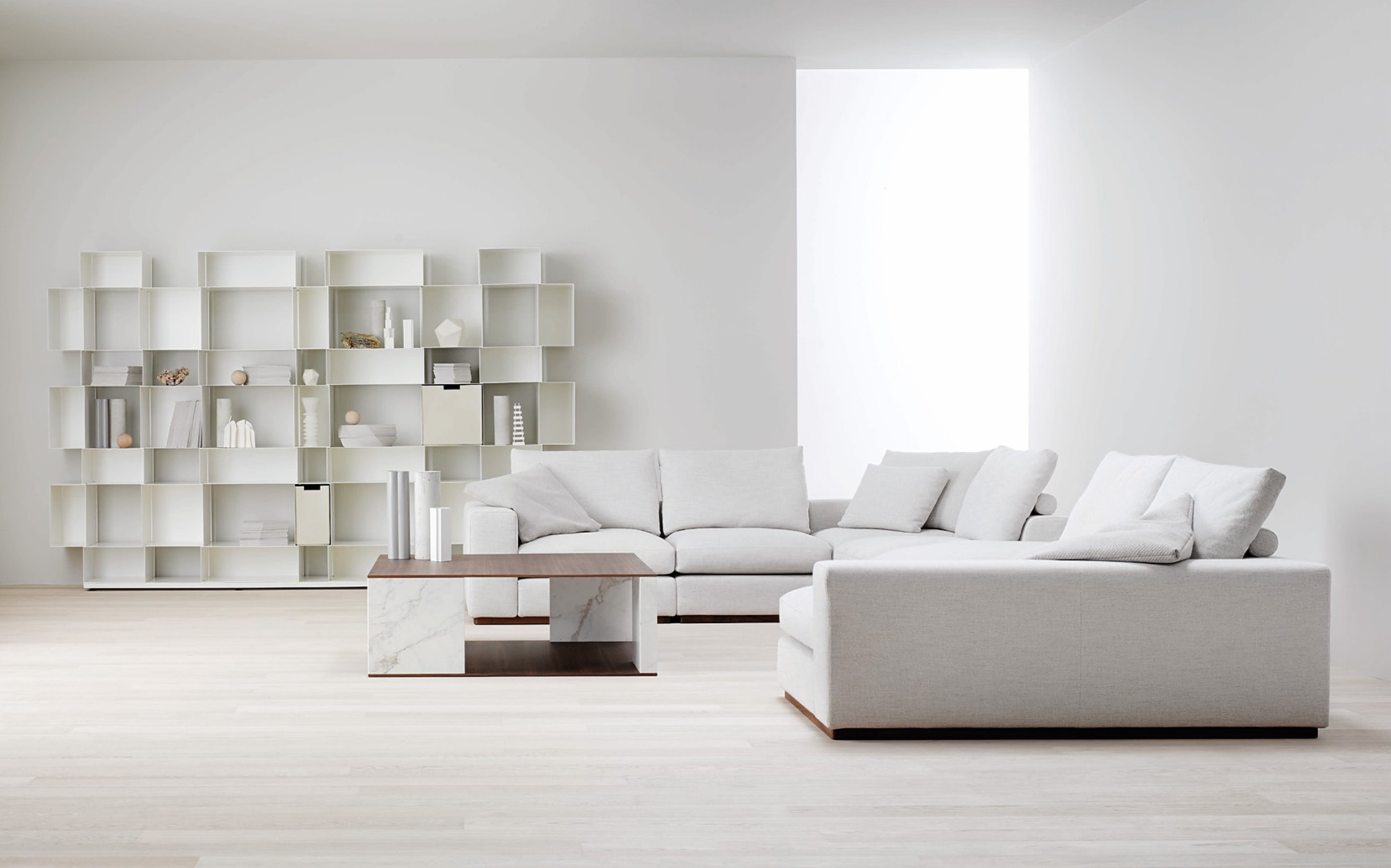 Amura Design Collection white sofa with modular lacquered bookcase Amura Design Collection white sofa with modular lacquered bookcase – Italian luxury contemporary furniture
