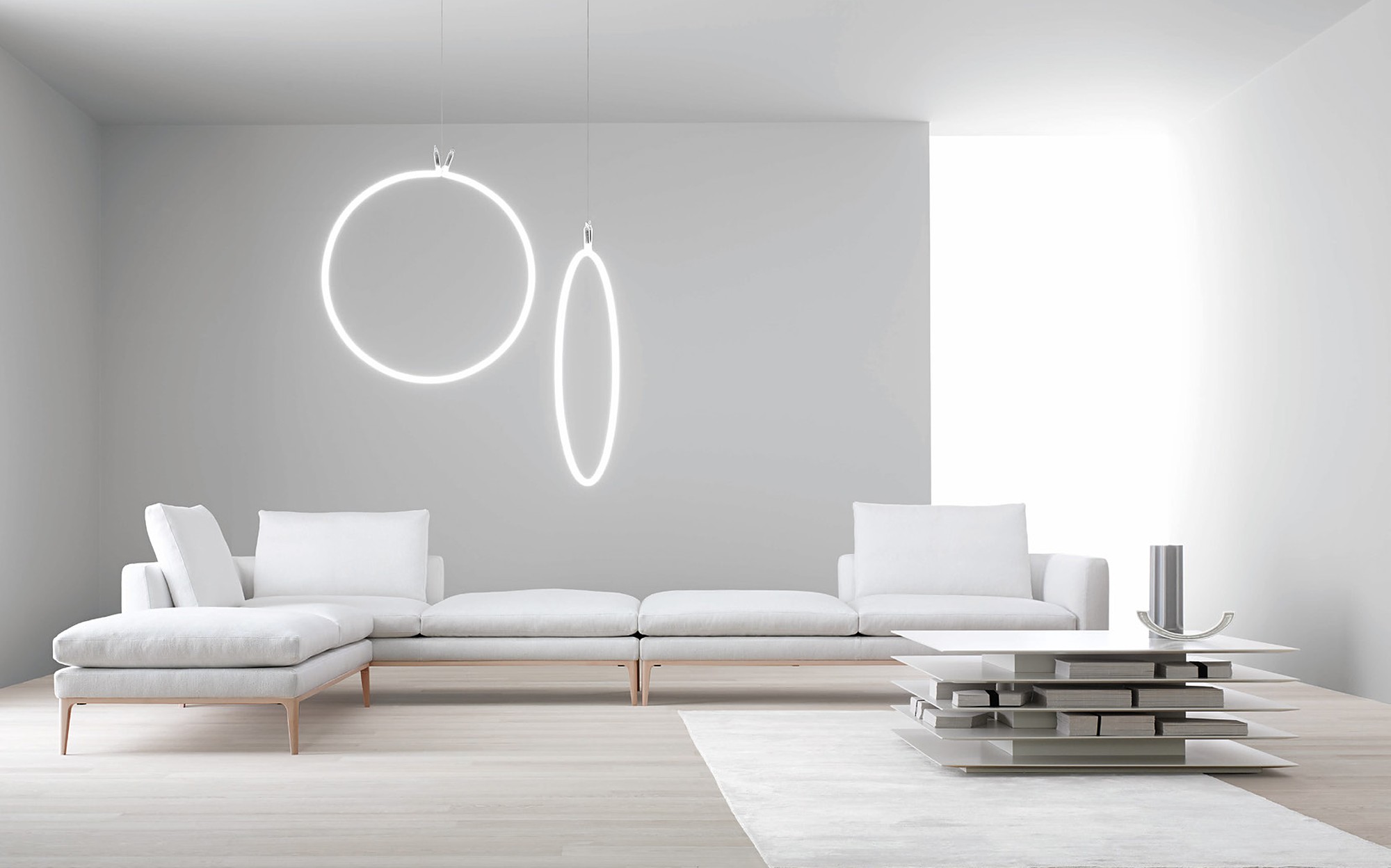 Amura Design Collection white sofa under ring pendant lamps Amura Design Collection white sofa under ring pendant lamps – Italian luxury contemporary furniture