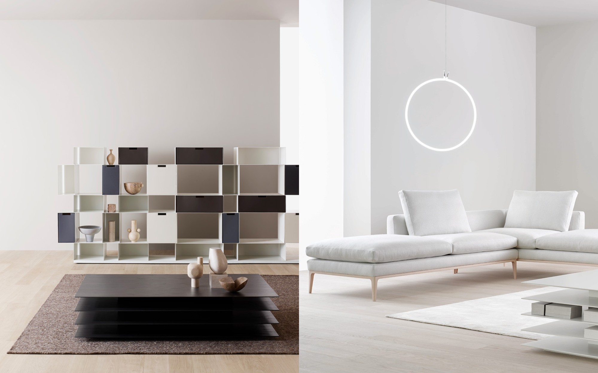 Amura Design Collection modular bookcase with black coffee table and white sofa Amura Design Collection modular bookcase with black coffee table and white sofa – Italian luxury contemporary furniture