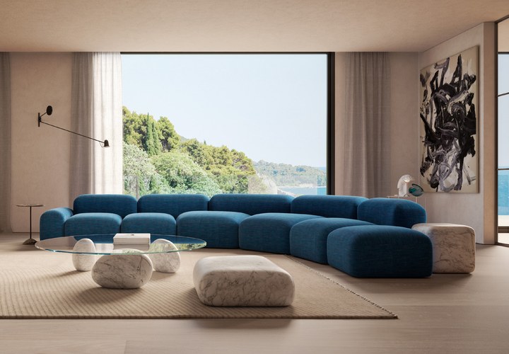 Amura – Italian luxury contemporary furniture | 101domus Amura Italian luxury contemporary furniture with blue velvet modular sofa and marble coffee table | 101domus