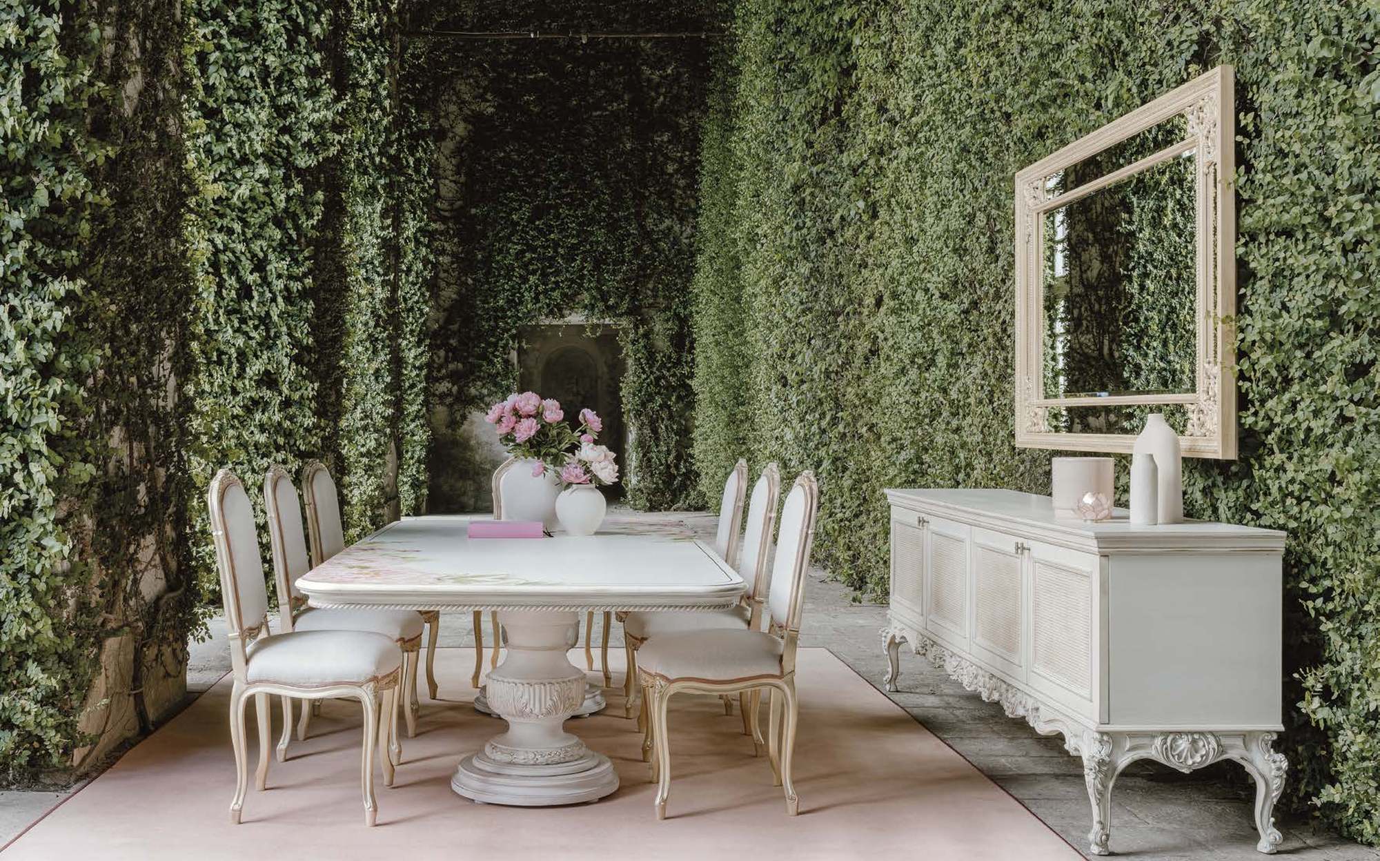 Bellotti Ezio Cromie dining room with table with 2 bases and sideboard in garden Bellotti Ezio Cromie dining room with table with 2 bases and sideboard in garden – classic Italian luxury furniture