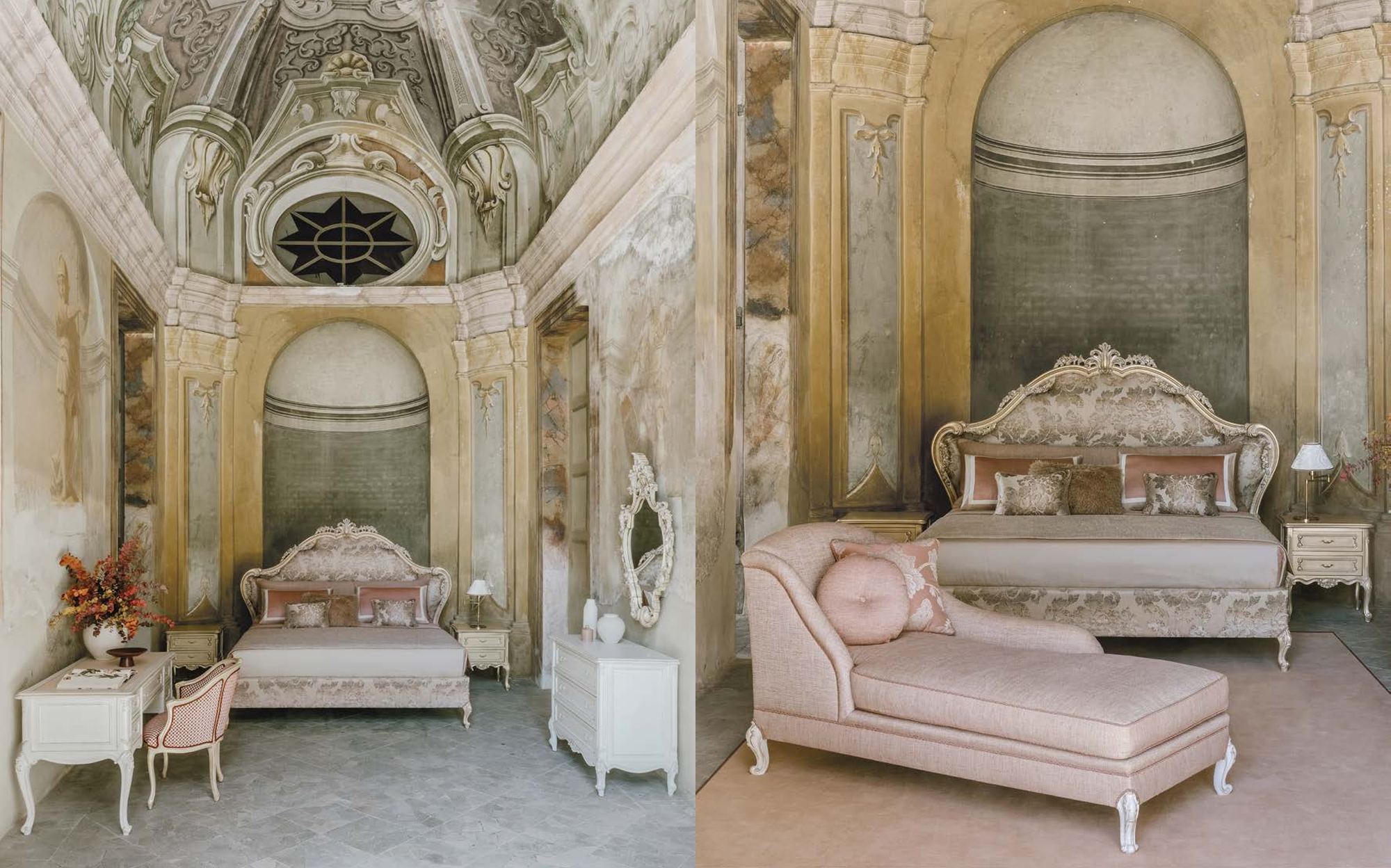 Bellotti Ezio Cromie frescoed bedrooms with carved bed and dormeuse Bellotti Ezio Cromie frescoed bedrooms with carved bed and dormeuse – classic Italian luxury furniture