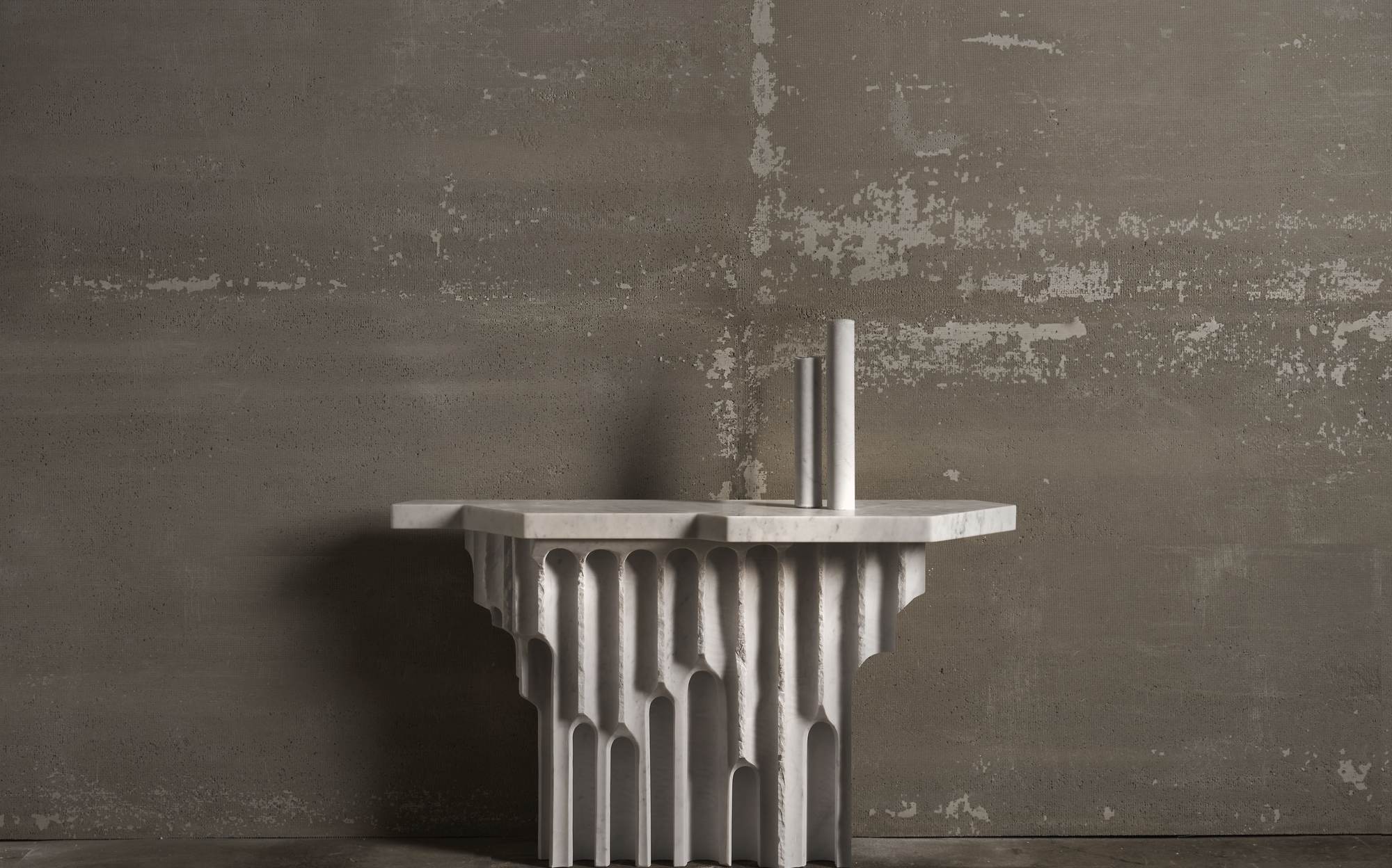 Bufalini sculptural white marble console with fluted base designed by Paolo Ulian