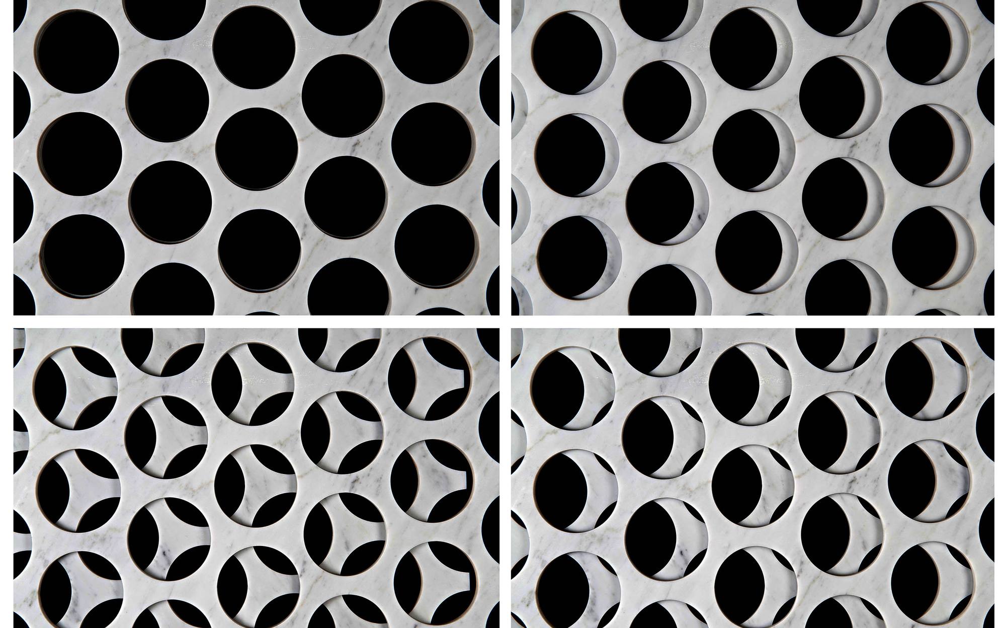Bufalini Moire perforated white marble modular screen designed by Paolo Ulian