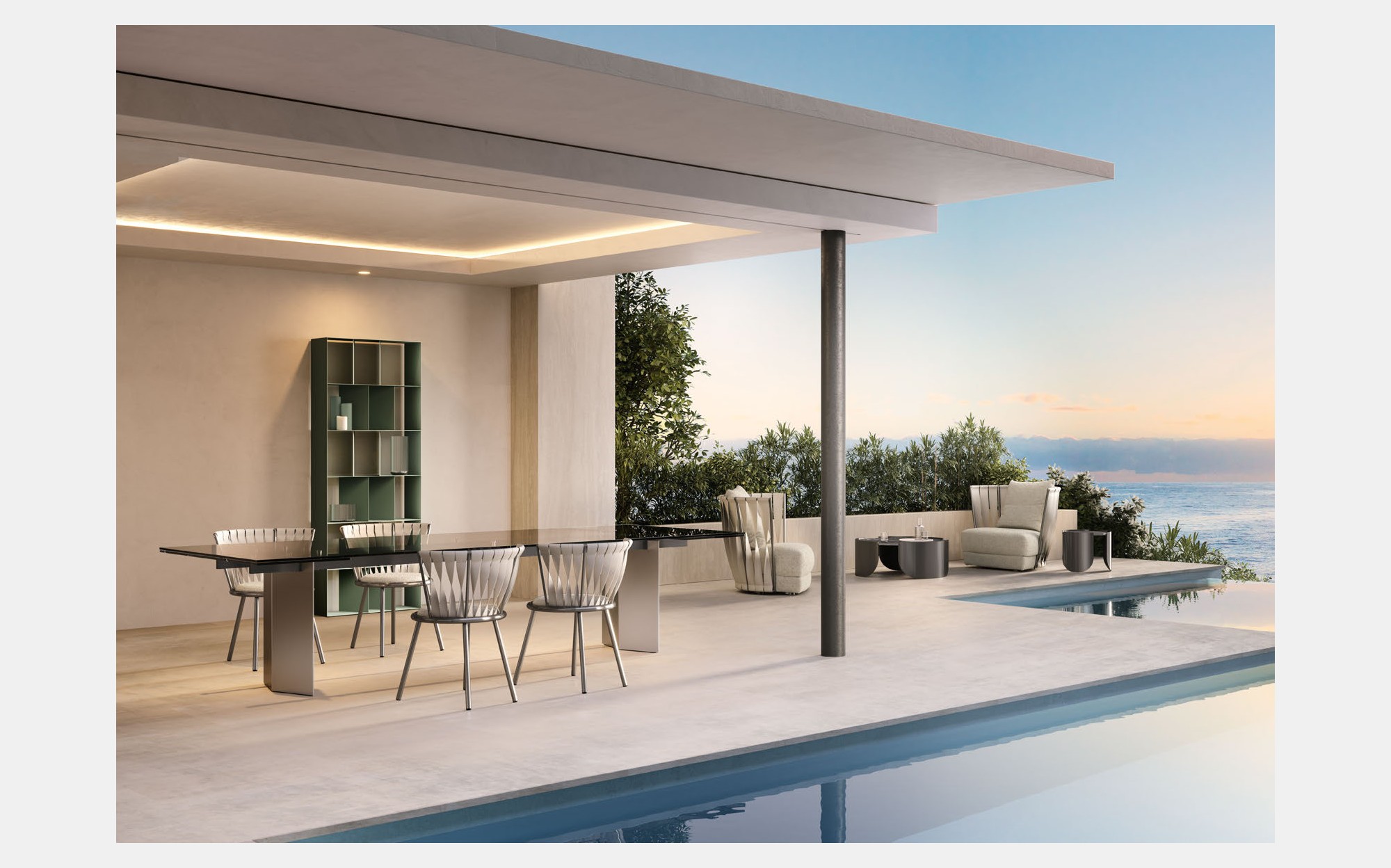 Cantori Outdoor крытая терраса у моря с раздвижным столом Milton, стульями Twist и книжным шкафом Rocky &ndash; современная итальянская мебель люкс с традицией кованого железа