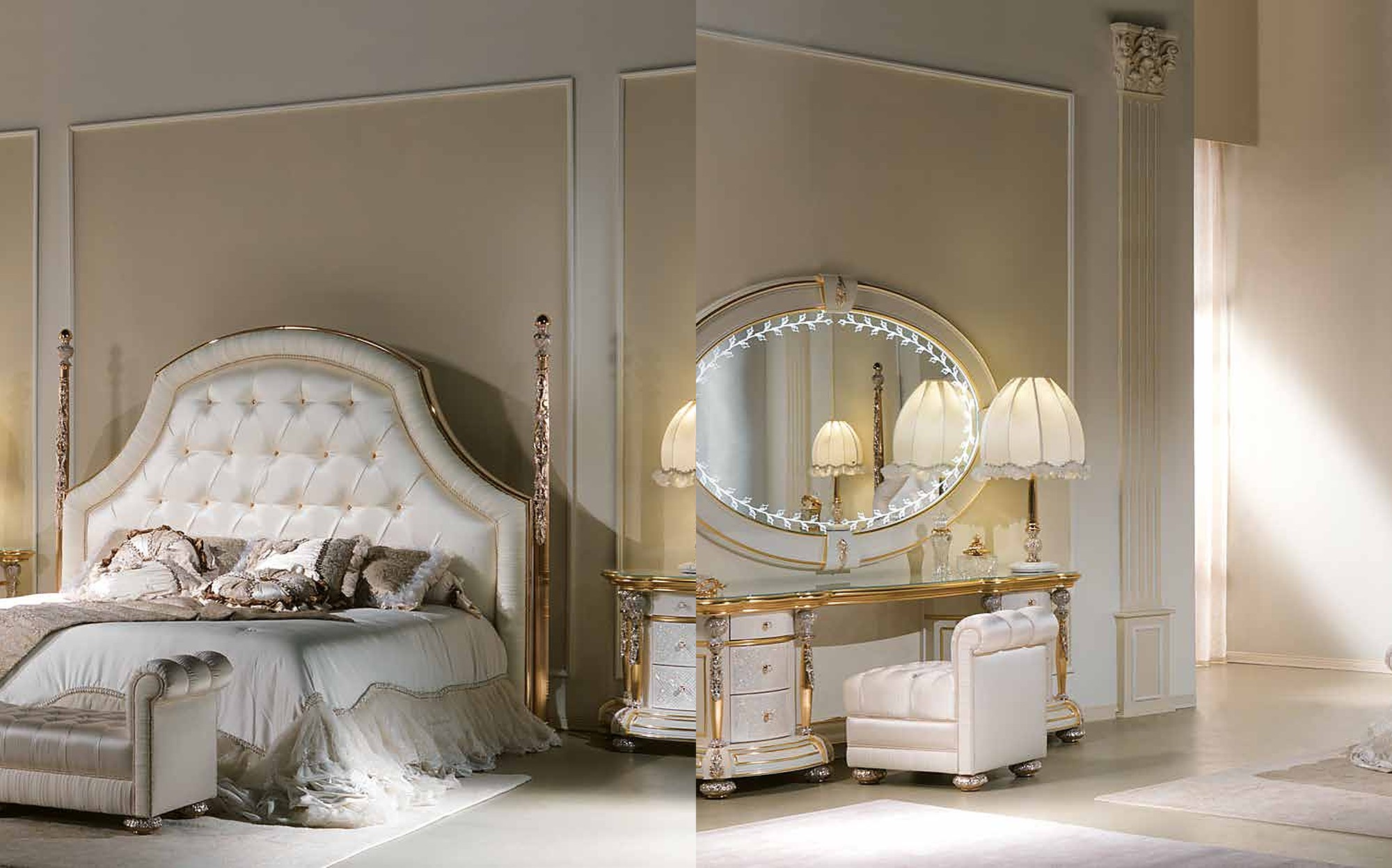 Cappelletti Aqva white capitonne bed with gold details and oval mirror dressing table Cappelletti Aqva white capitonne bed with gold details and oval mirror dressing table – Italian luxury classic furniture