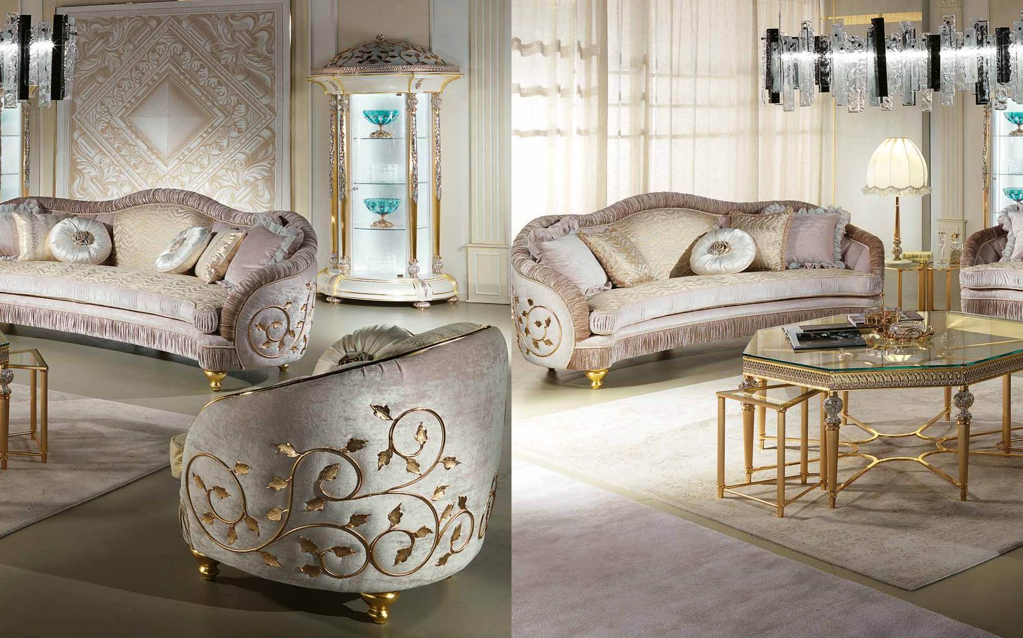 Cappelletti Aqva curved sofas with gold inlaid armchair and octagonal glass coffee table Cappelletti Aqva curved sofas with gold inlaid armchair and octagonal glass coffee table – Italian luxury classic furniture