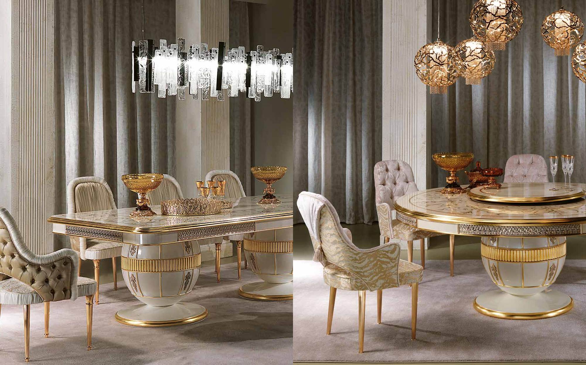 Cappelletti Aqva rectangular and round dining tables with gold details and upholstered chairs Cappelletti Aqva rectangular and round dining tables with gold details and upholstered chairs – Italian luxury classic furniture