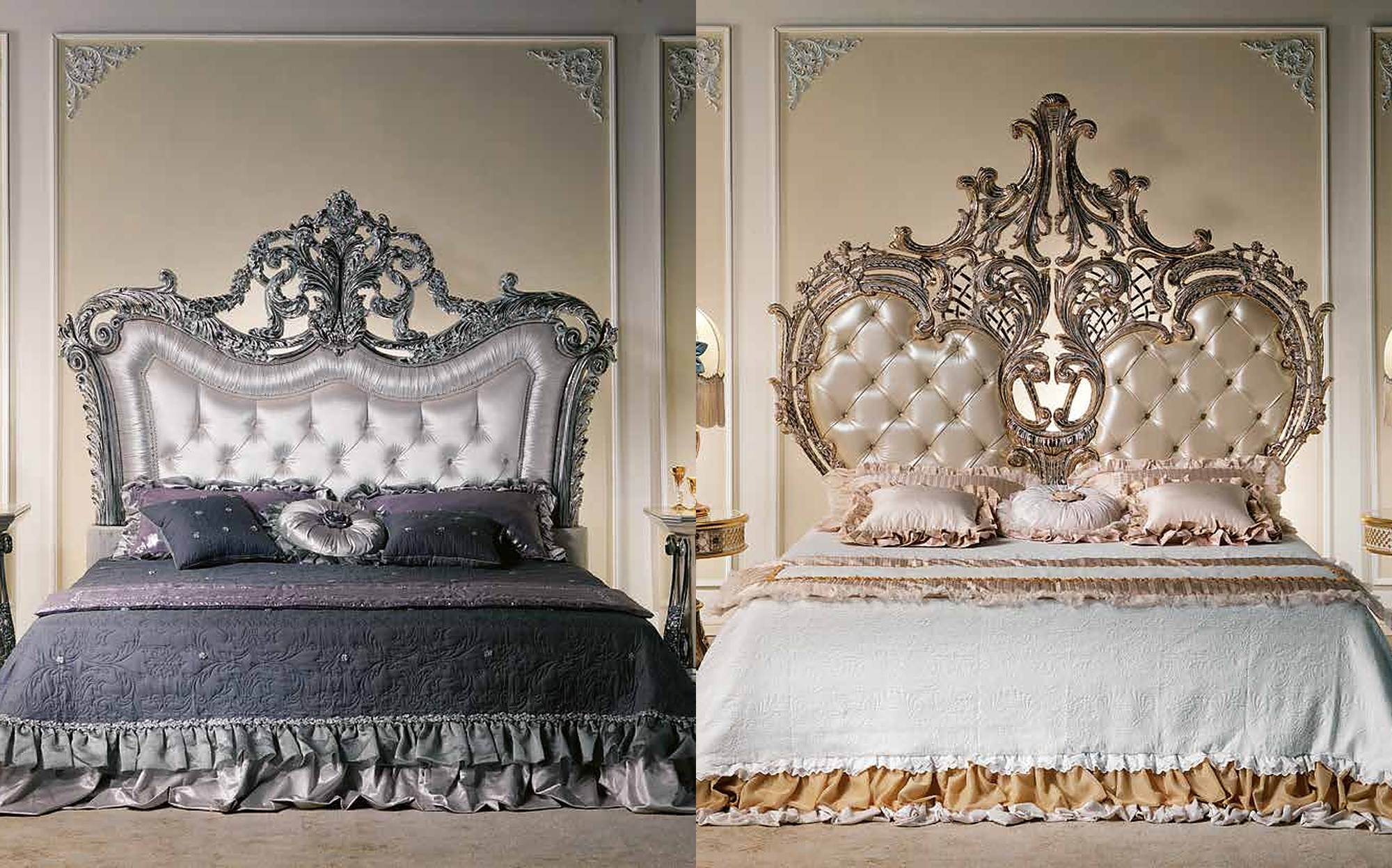 Cappelletti Aqva silver and gold carved beds with capitonne headboards Cappelletti Aqva silver and gold carved beds with capitonne headboards – Italian luxury classic furniture