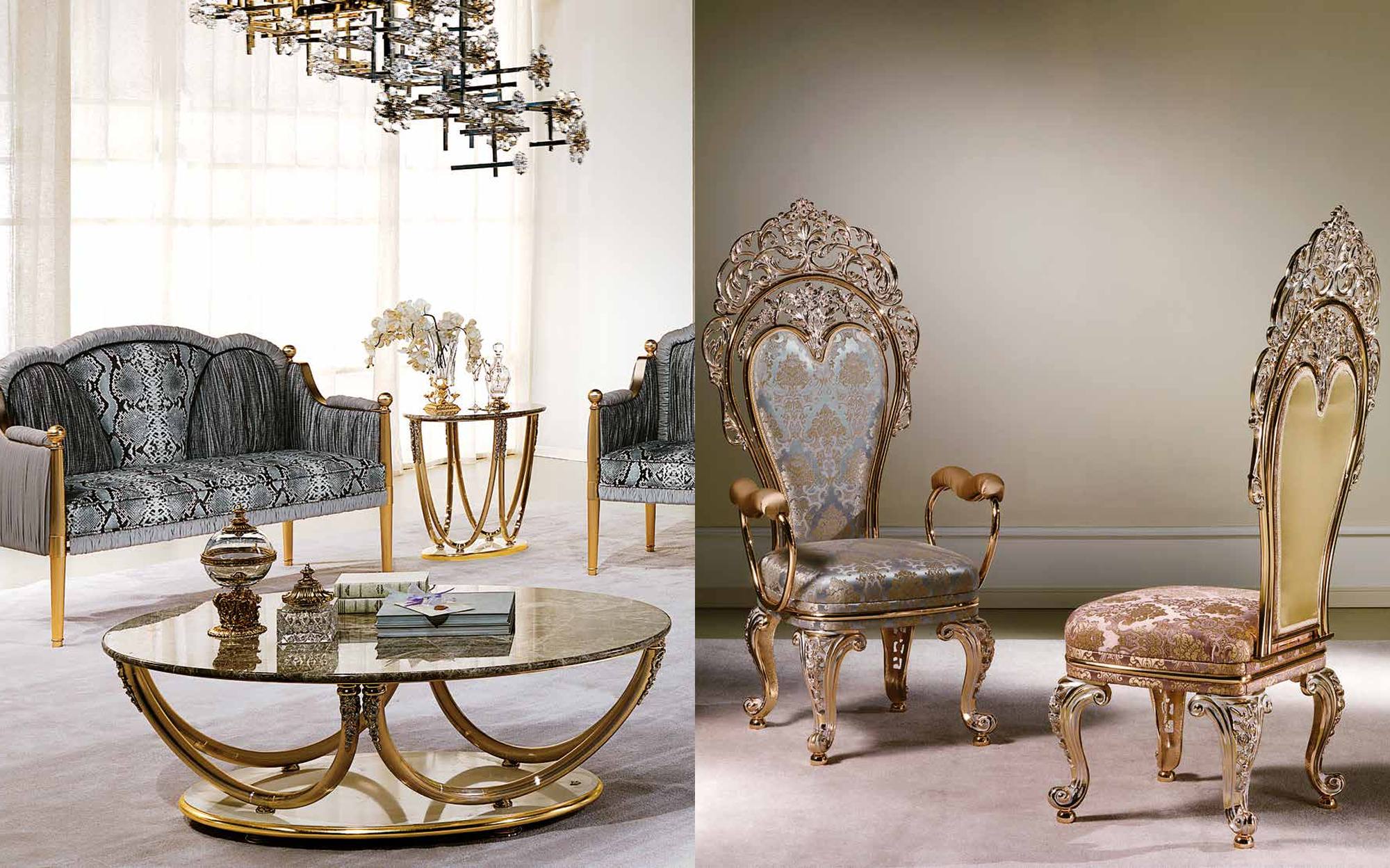 Cappelletti Aqva gold framed sofas with oval coffee table and carved silver chairs Cappelletti Aqva gold framed sofas with oval coffee table and carved silver chairs – Italian luxury classic furniture