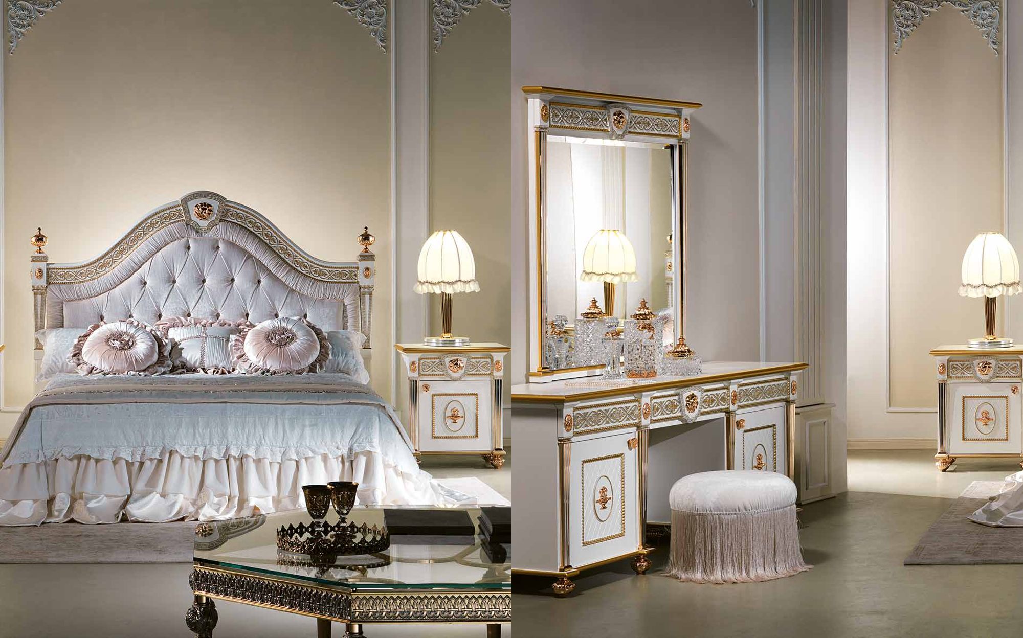 Cappelletti Aqva white bedroom with capitonne bed, dressing table and mirror Cappelletti Aqva white bedroom with capitonne bed, dressing table and mirror – Italian luxury classic furniture