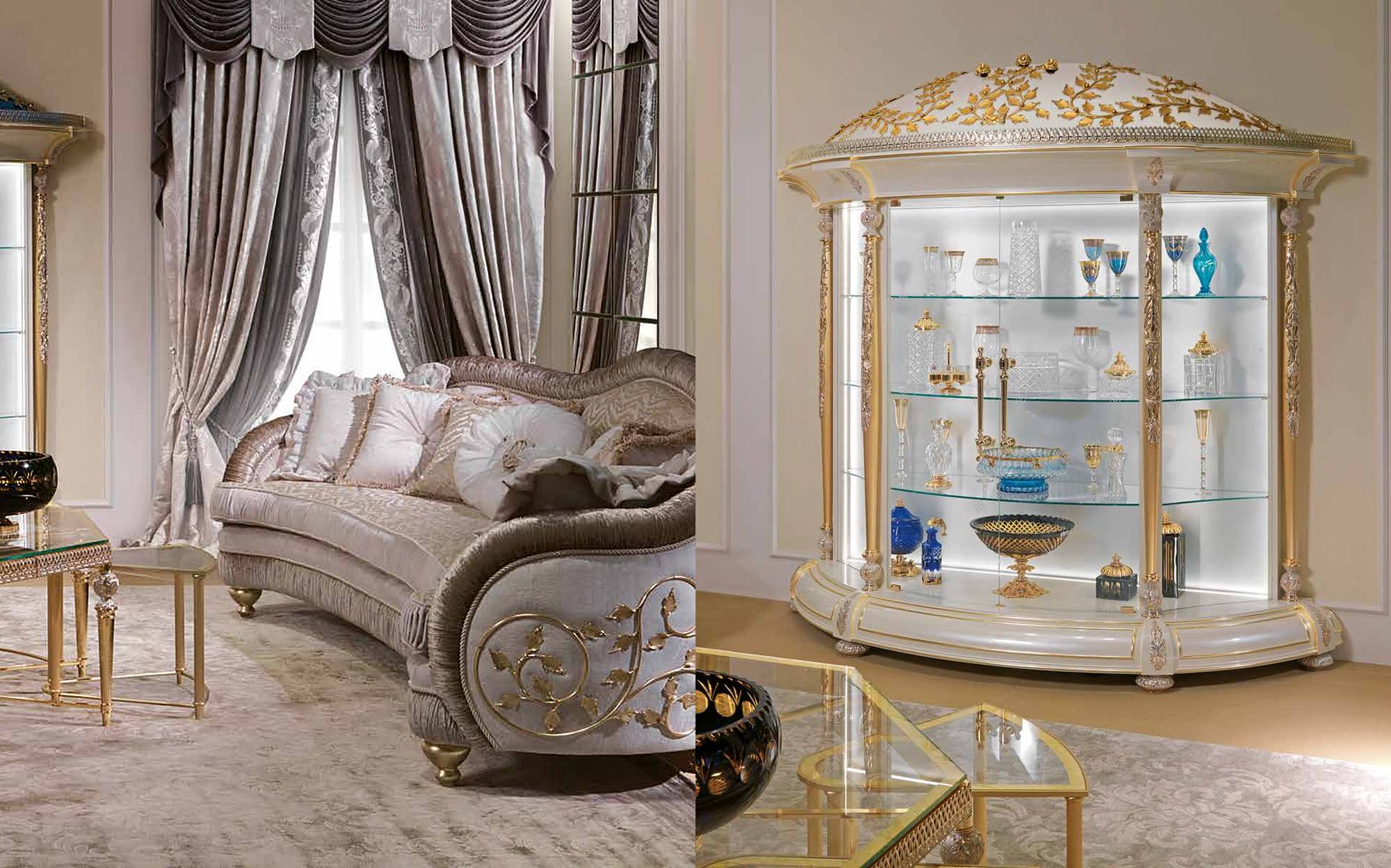 Cappelletti Aqva curved sofa with gold scroll decoration and illuminated vitrine Cappelletti Aqva curved sofa with gold scroll decoration and illuminated vitrine – Italian luxury classic furniture