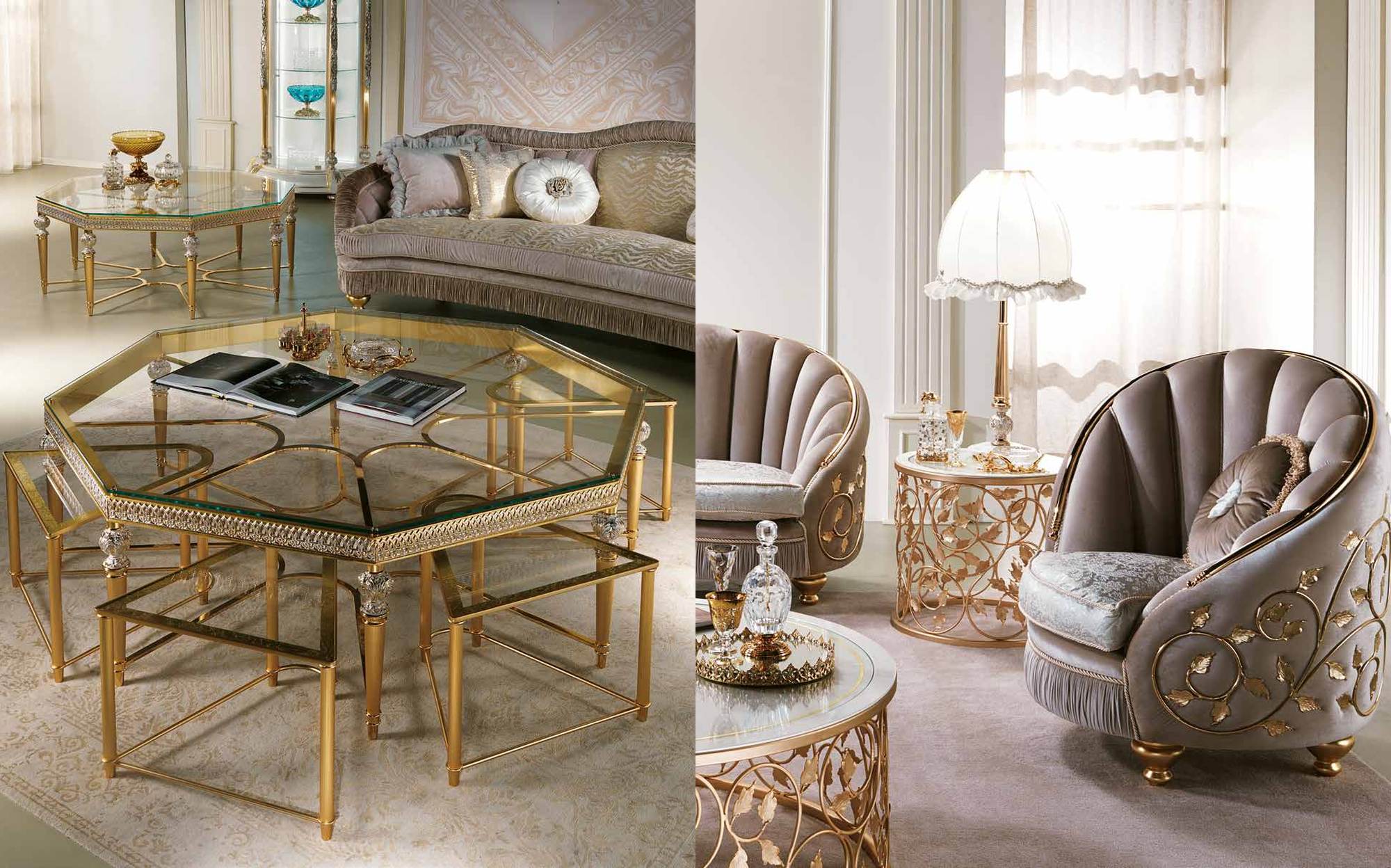 Cappelletti Aqva octagonal gold and glass coffee table with shell armchairs Cappelletti Aqva octagonal gold and glass coffee table with shell armchairs – Italian luxury classic furniture