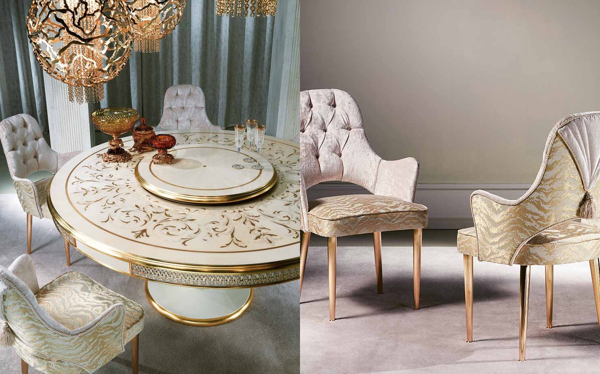 Cappelletti Aqva round inlaid dining table with upholstered dining chairs Cappelletti Aqva round inlaid dining table with upholstered dining chairs – Italian luxury classic furniture