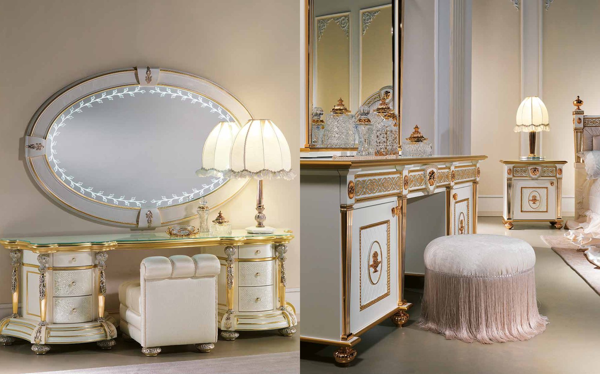 Cappelletti Aqva oval mirror dressing tables with poufs and gold details Cappelletti Aqva oval mirror dressing tables with poufs and gold details – Italian luxury classic furniture