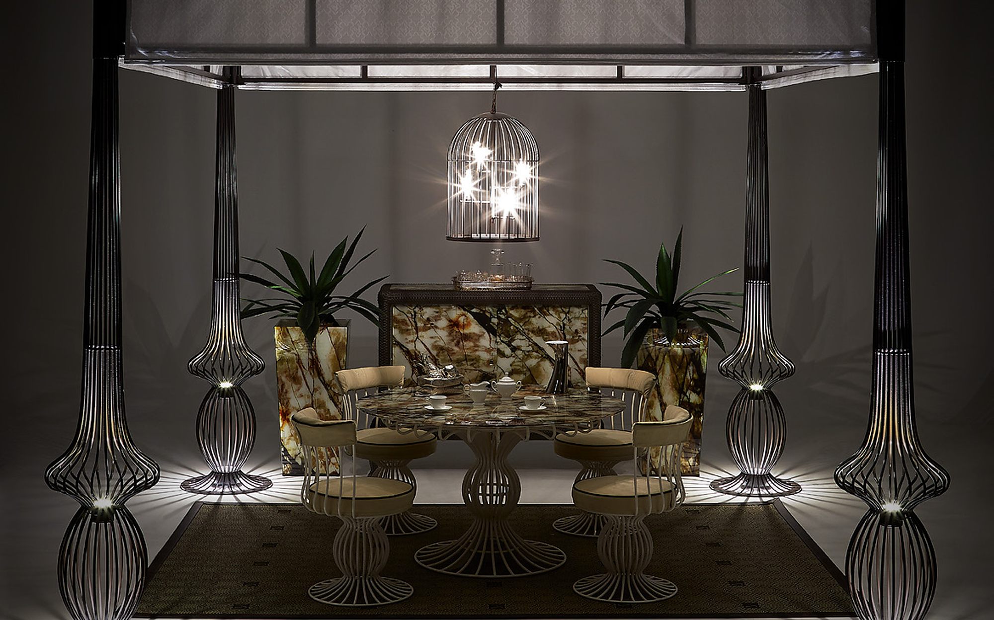 Samuele Mazza Lighting альтанка Sole зі світлодіодним підсвічуванням у колонах вночі Samuele Mazza Lighting альтанка Sole зі світлодіодним підсвічуванням у колонах вночі – італійське вуличне освітлення люкс