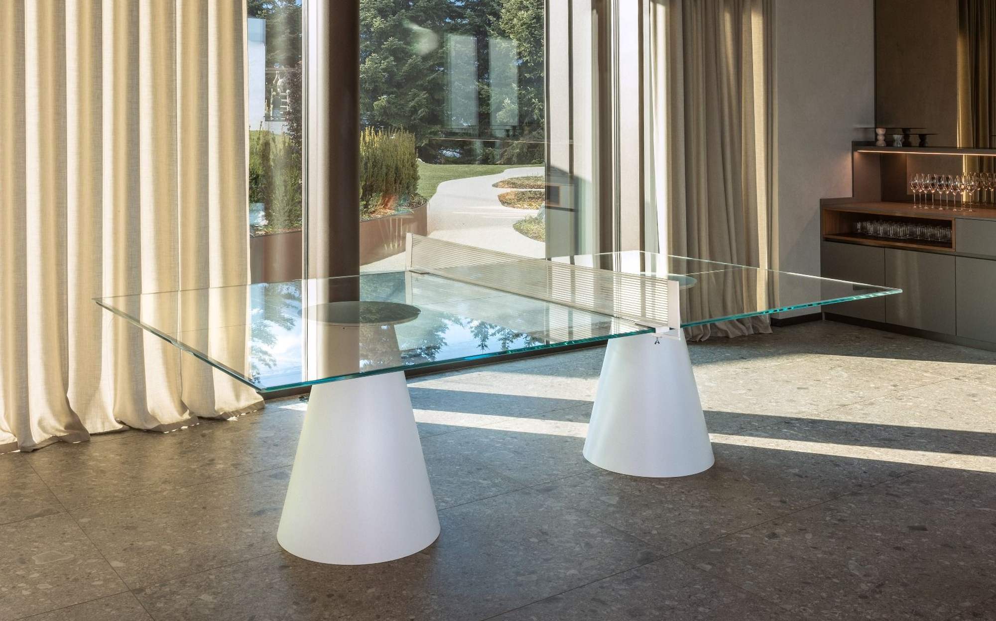 FAS Pendezza Dada Glass luxury ping pong table with tempered glass top and white cone bases
