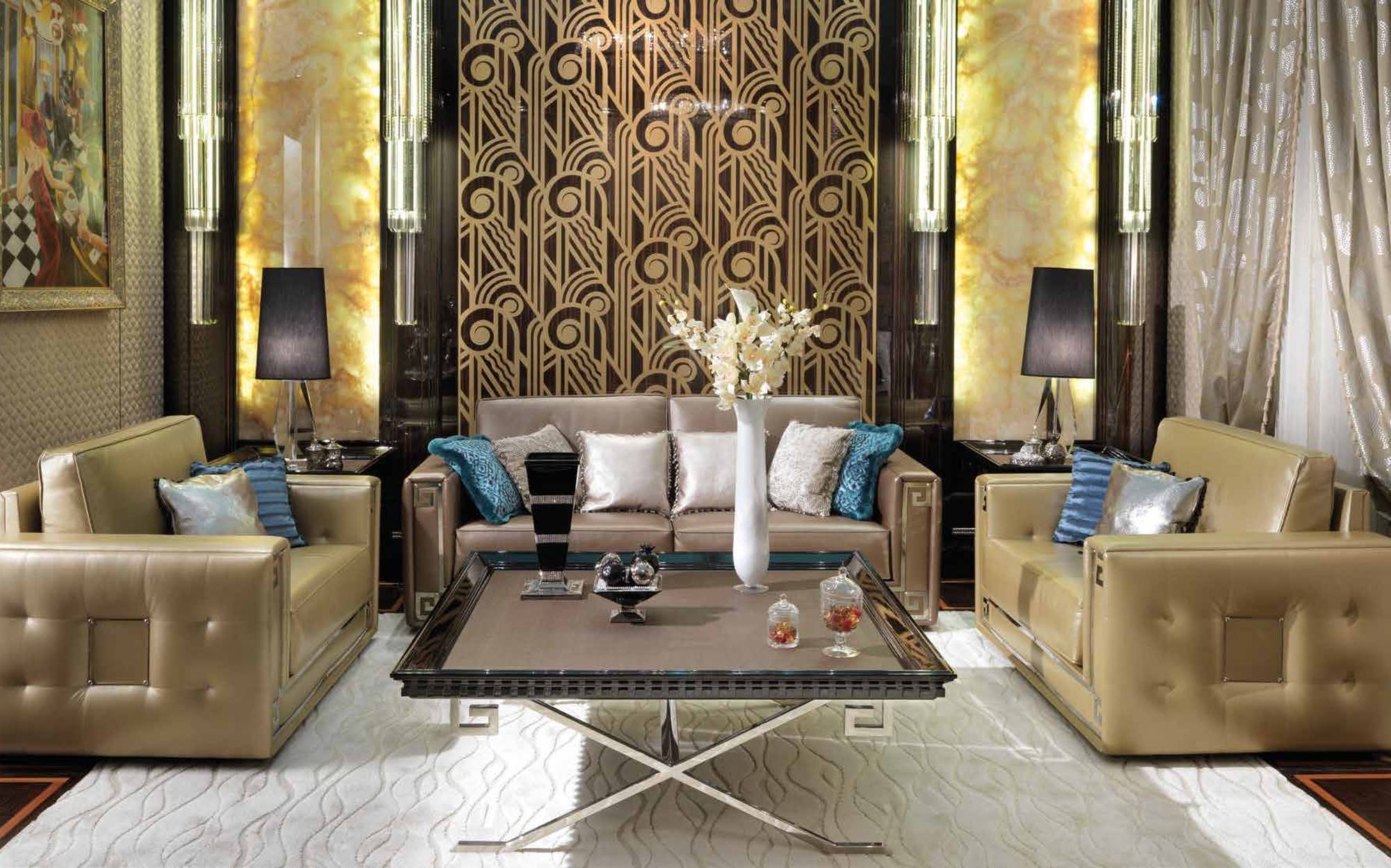 Francesco Molon Eclectica and Luxury гостиная в стиле ар-деко с кожаными диванами и узорной ширмой &ndash; итальянская мебель люкс в стиле ар-деко