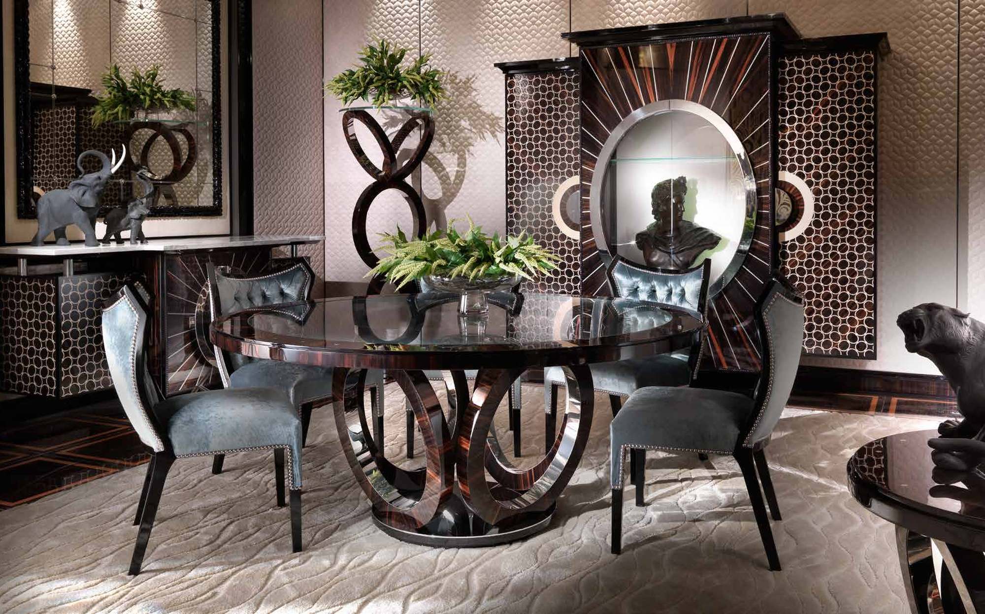 Francesco Molon Eclectica and Luxury круглый обеденный стол со стульями и шкафом с лучевым узором &ndash; итальянская мебель люкс в стиле ар-деко