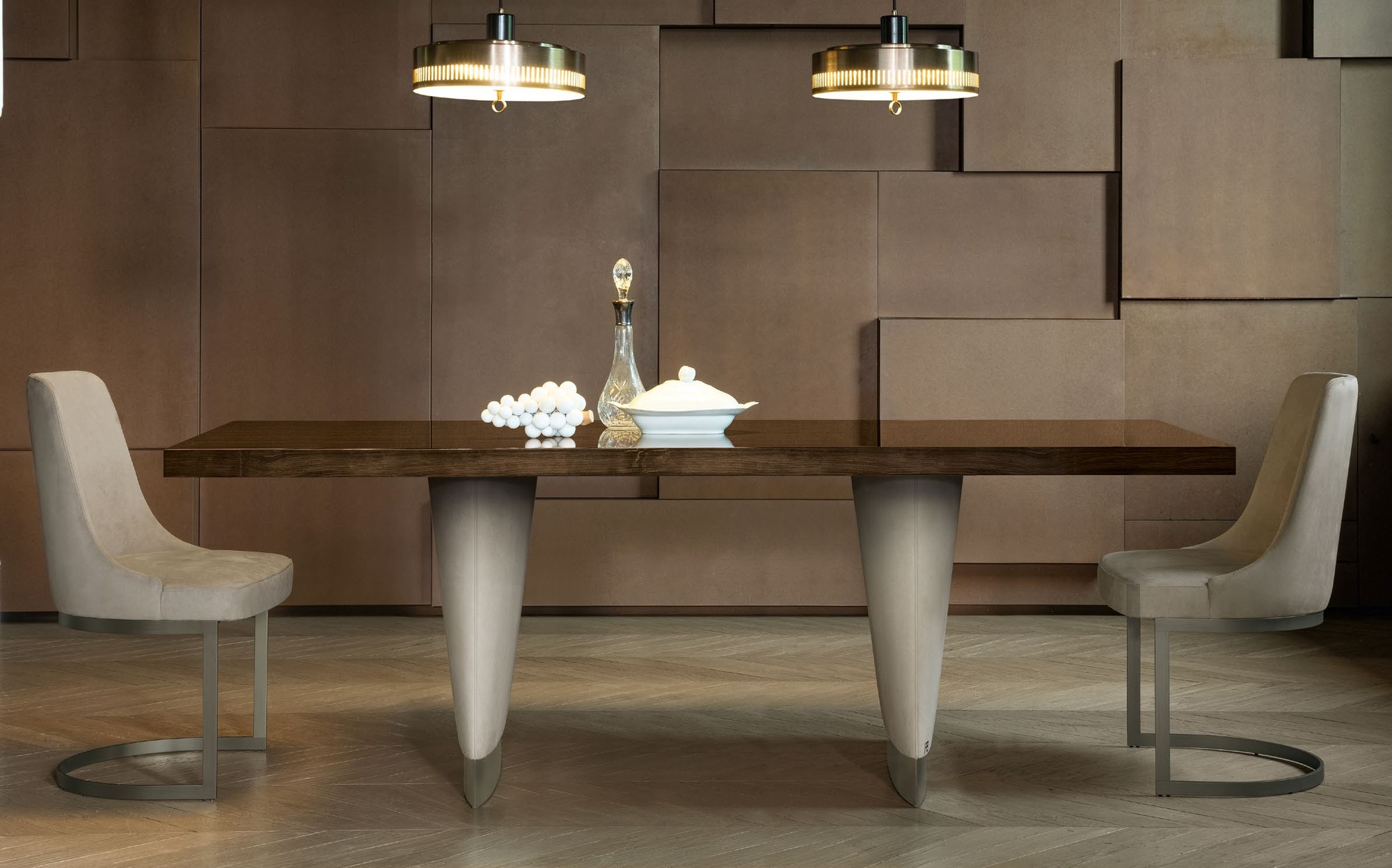 Franco Bianchini Modern and Glamour Metropolis dining room with wood table and padded chairs Franco Bianchini Modern and Glamour Metropolis dining room with wood table and padded chairs – contemporary Italian luxury furniture