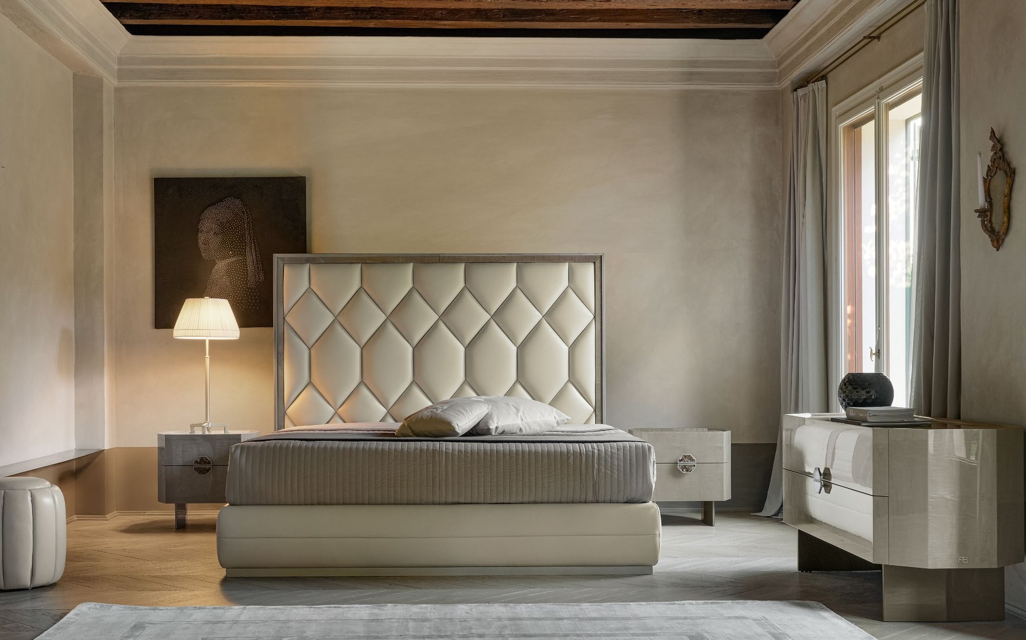 Franco Bianchini Modern and Glamour bedroom with quilted headboard bed and nightstands Franco Bianchini Modern and Glamour bedroom with quilted headboard bed and nightstands – contemporary Italian luxury furniture