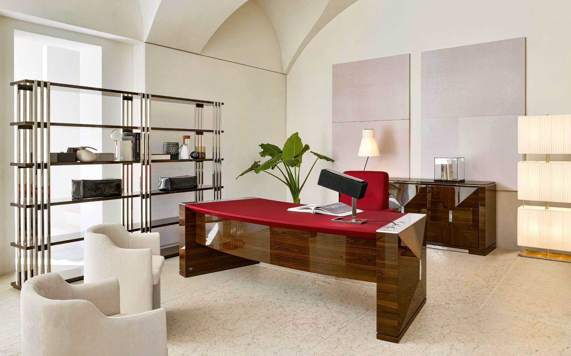 Franco Bianchini Modern and Glamour executive office with red leather desk and bookcases Franco Bianchini Modern and Glamour executive office with red leather desk and bookcases – contemporary Italian luxury furniture