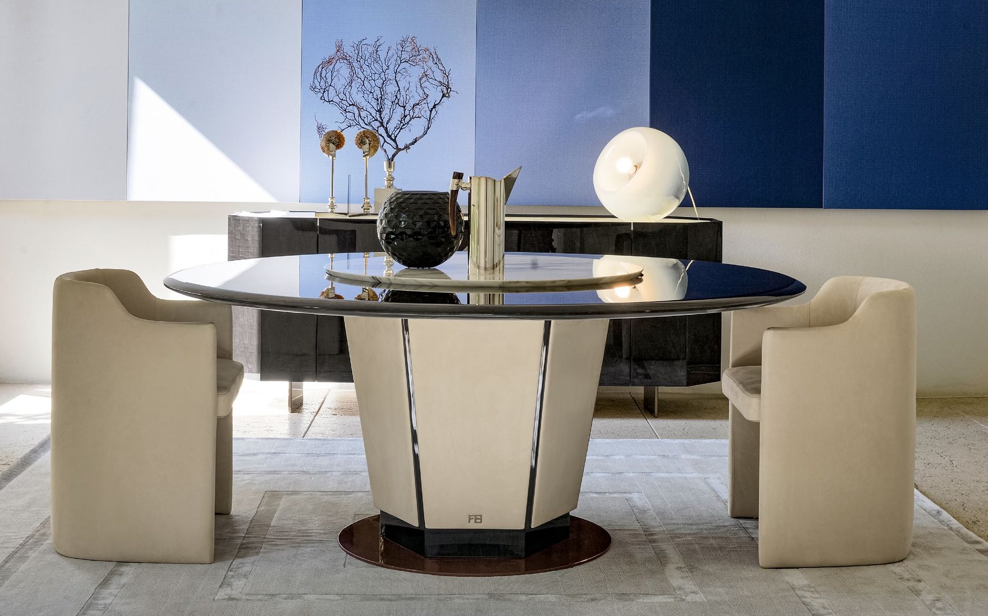 Franco Bianchini Modern and Glamour dining room with Crystal round table, armchairs and sideboard Franco Bianchini Modern and Glamour dining room with Crystal round table, armchairs and sideboard – contemporary Italian luxury furniture