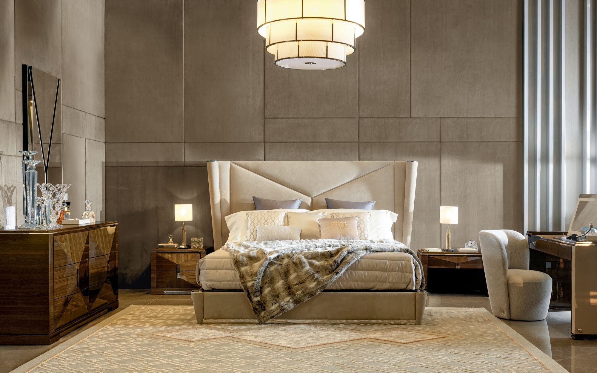 Franco Bianchini Modern and Glamour bedroom with winged upholstered bed and Crystal walnut dressers Franco Bianchini Modern and Glamour bedroom with winged upholstered bed and Crystal walnut dressers – contemporary Italian luxury furniture