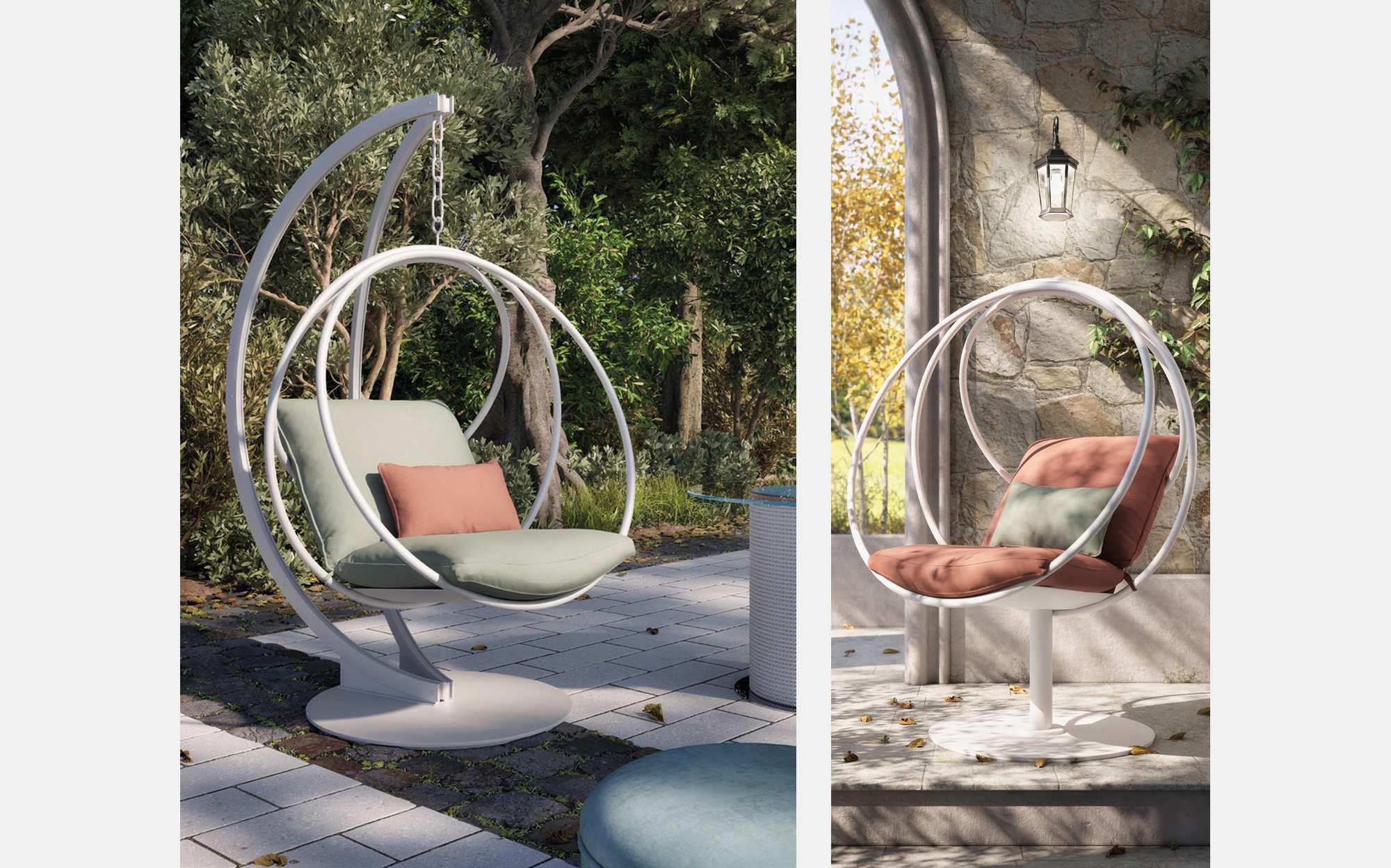 Подвесные кресла White Clara Swing в тосканском саду &ndash; уличная коллекция Alpemare Toscana от Galbiati Fratelli