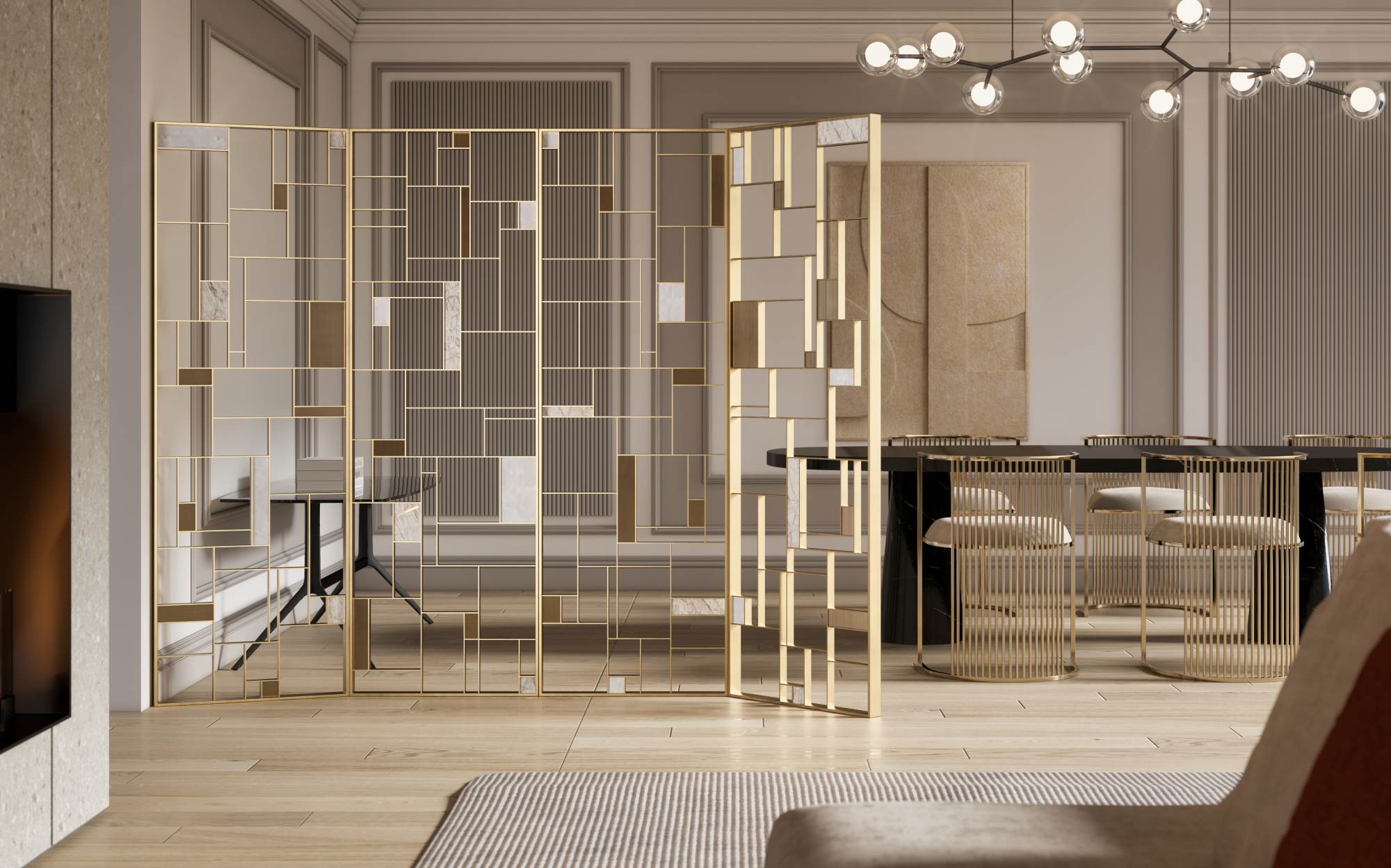 Латунная ширма MoNDRIAN и стулья Aura в роскошной итальянской гостиной &ndash; Galbiati Fratelli