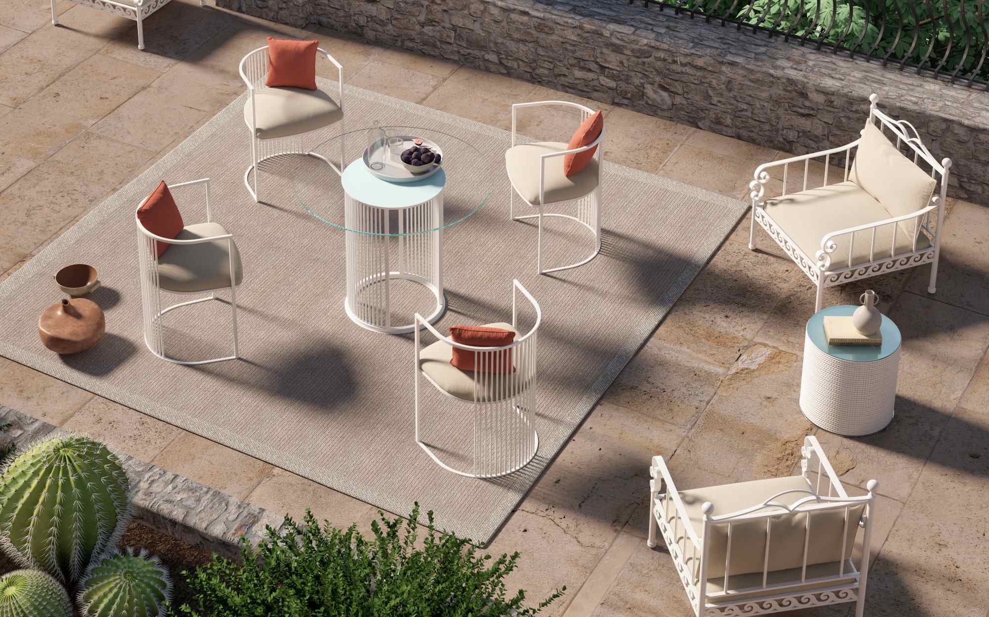 Уличная зона отдыха Toscana со стульями Aura, креслами Lir и столиком Corda из белой нержавеющей стали &ndash; Alpemare, Galbiati Fratelli