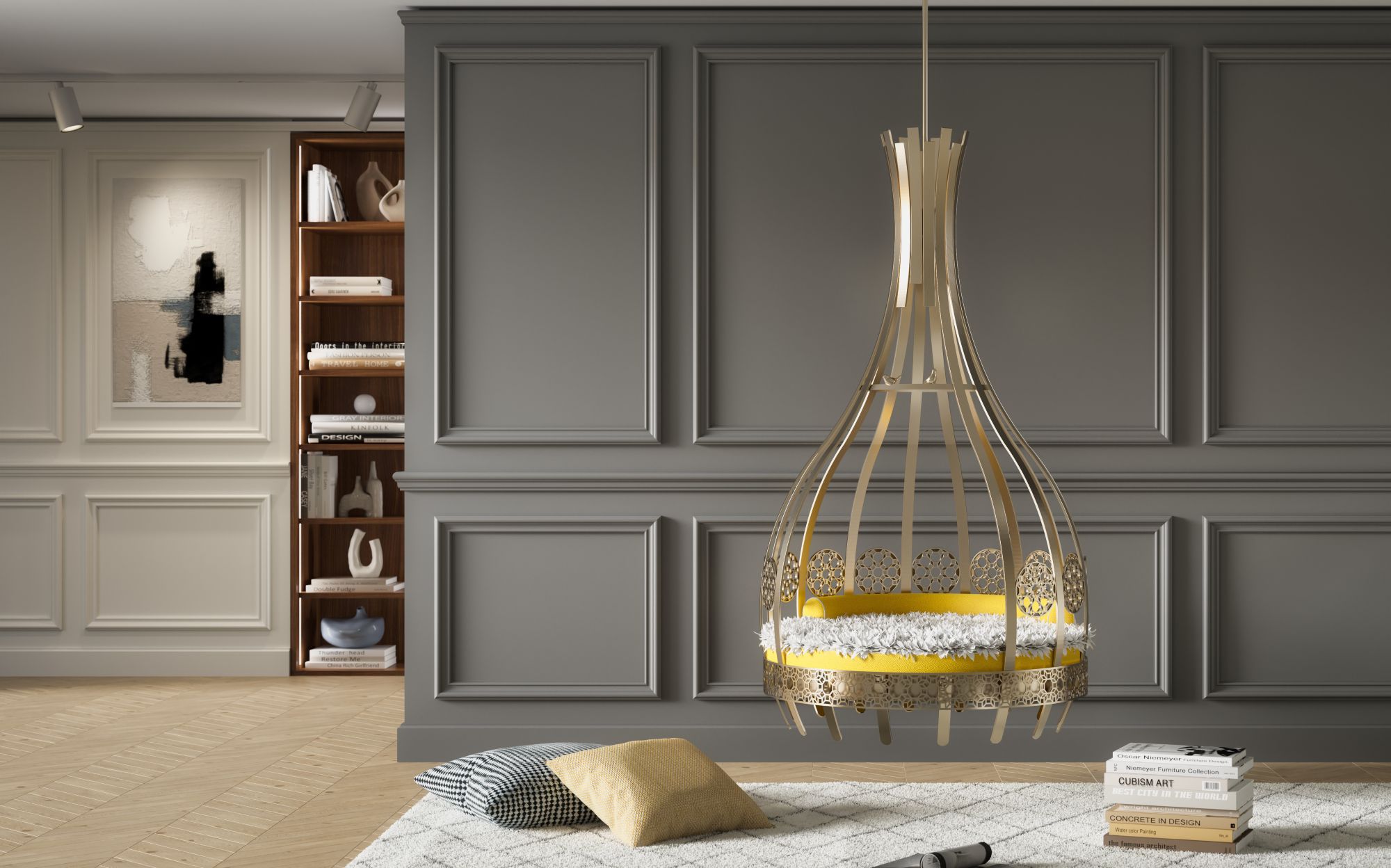 Подвесное кресло Soul Nest из брашированной латуни в роскошном интерьере &ndash; Galbiati Fratelli