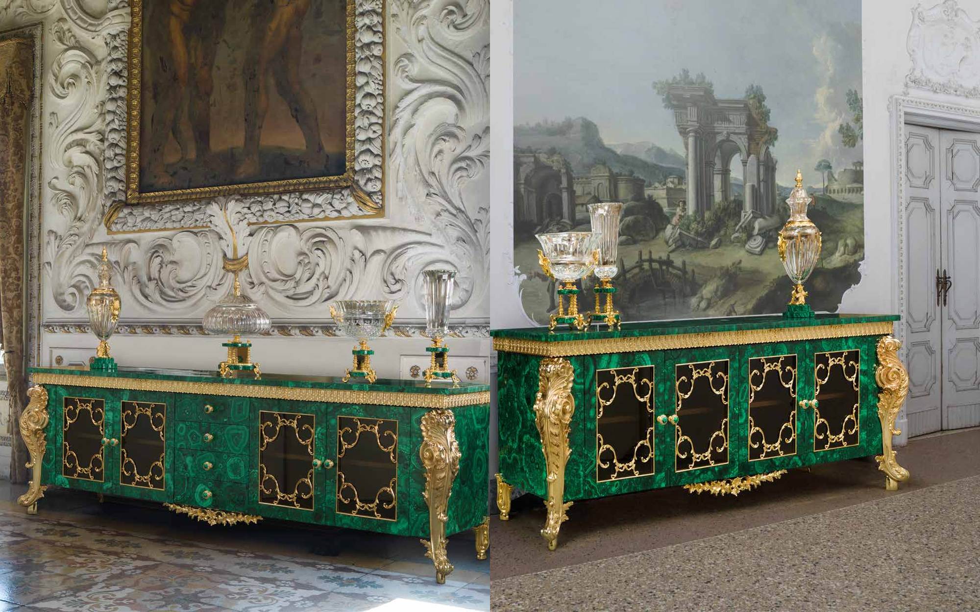 I Biagi Interiors malachite sideboards with crystal vases I Biagi Interiors malachite sideboards with crystal vases – Italian luxury furniture