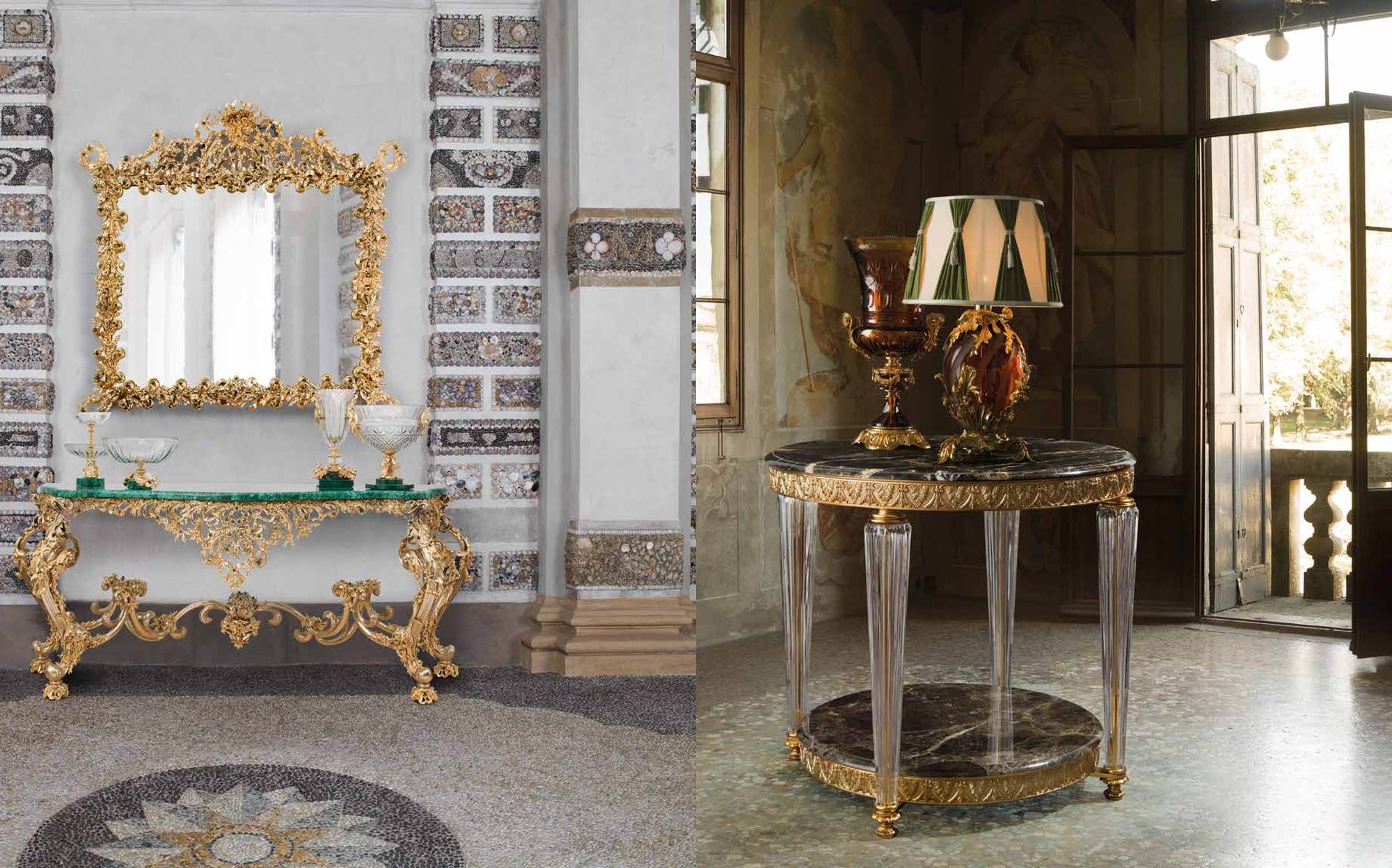 I Biagi Interiors malachite console with mirror and side table with lamp I Biagi Interiors malachite console with mirror and side table with lamp – Italian luxury furniture