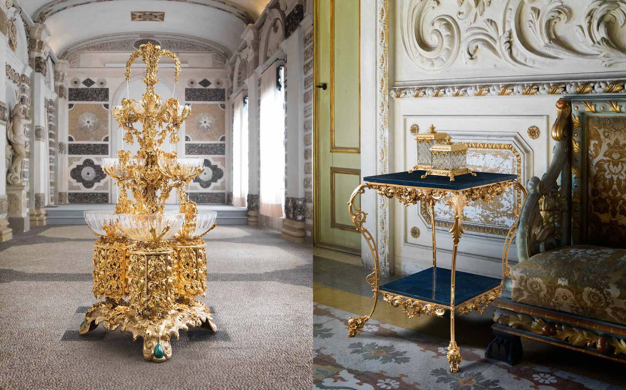 I Biagi Interiors gold fountain sculpture and gold side table I Biagi Interiors gold fountain sculpture and gold side table – Italian luxury furniture