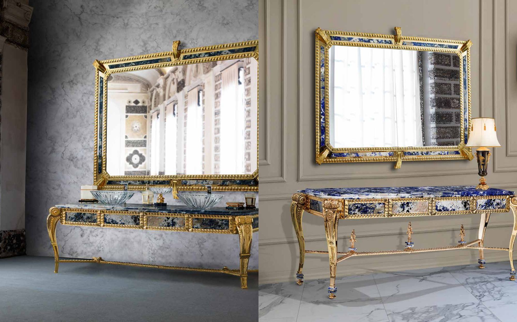 I Biagi Interiors lapis lazuli vanity consoles with gold mirrors I Biagi Interiors lapis lazuli vanity consoles with gold mirrors – Italian luxury furniture