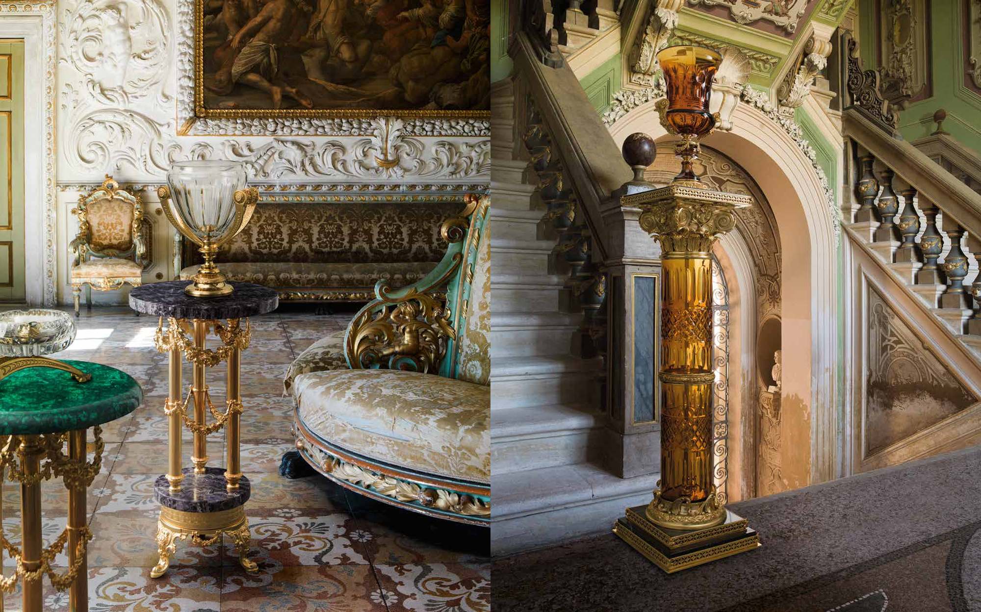 I Biagi Interiors amethyst and gold side table with crystal vase and amber crystal column I Biagi Interiors amethyst and gold side table with crystal vase and amber crystal column – Italian luxury furniture