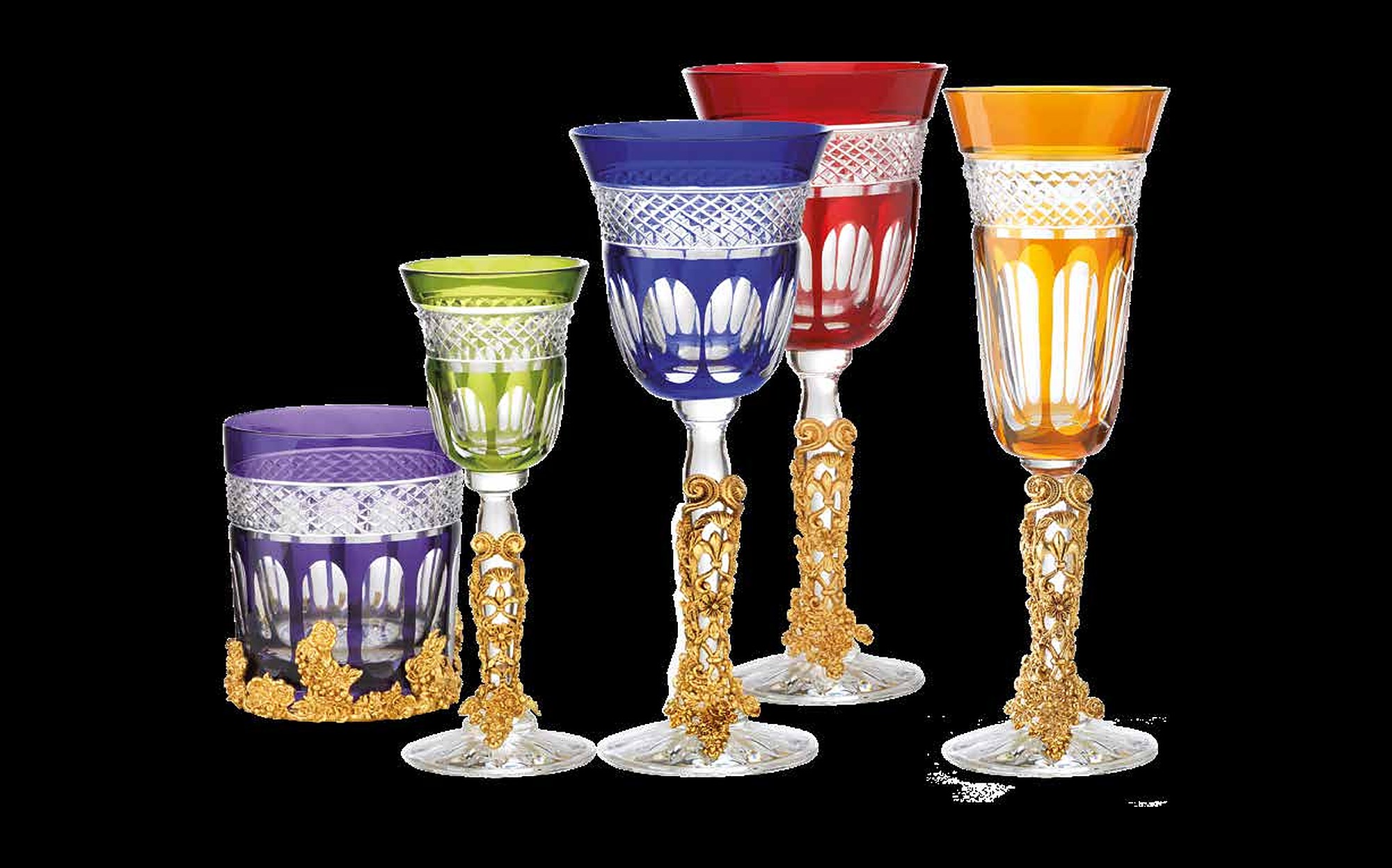I Biagi Kings Table coloured crystal glasses with gold stems I Biagi Kings Table coloured crystal glasses with gold stems – Italian luxury crystal and gold