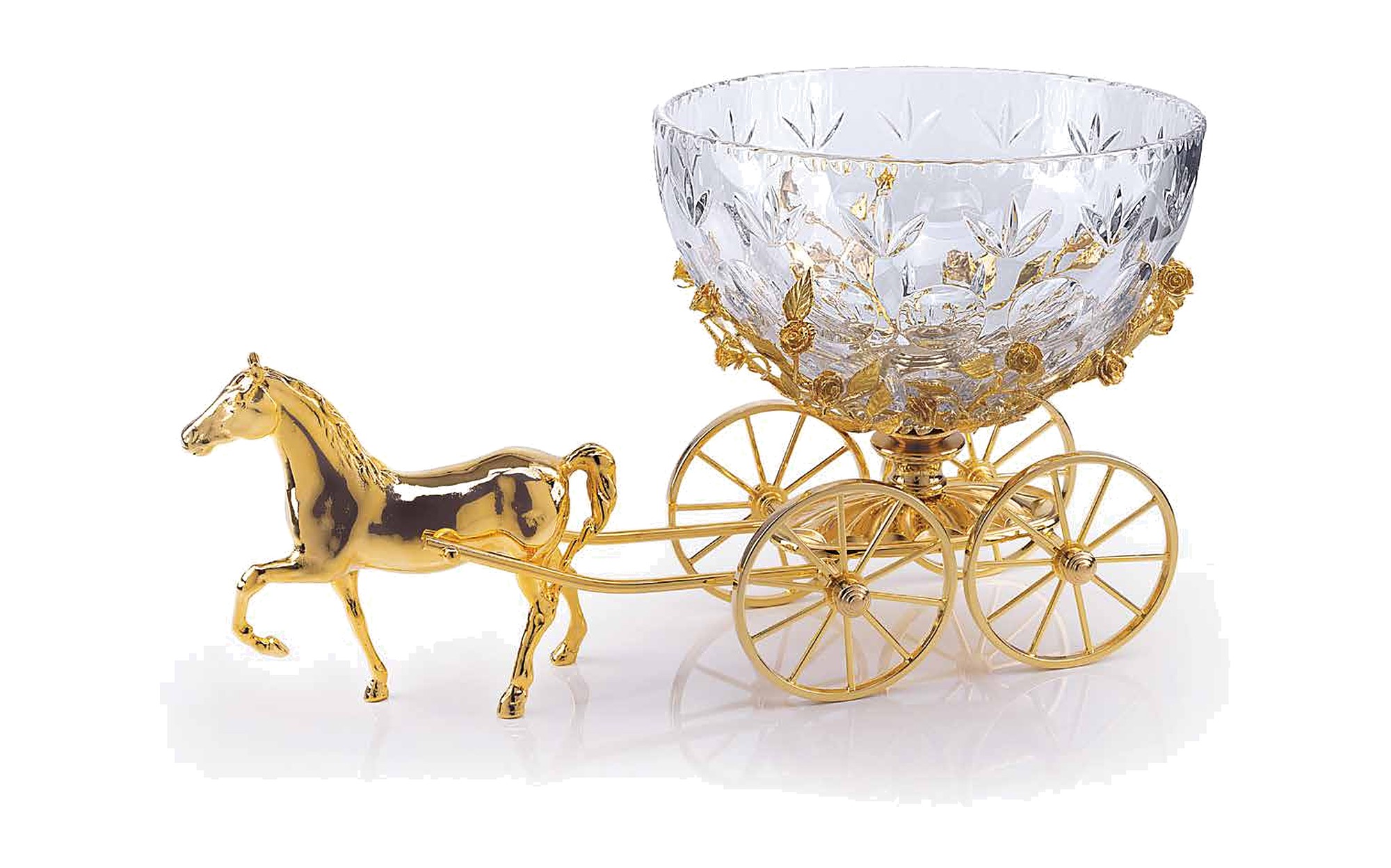 I Biagi Renaissance 2025 crystal centrepiece on golden horse carriage I Biagi Renaissance 2025 crystal centrepiece on golden horse carriage – Italian luxury crystal and gold