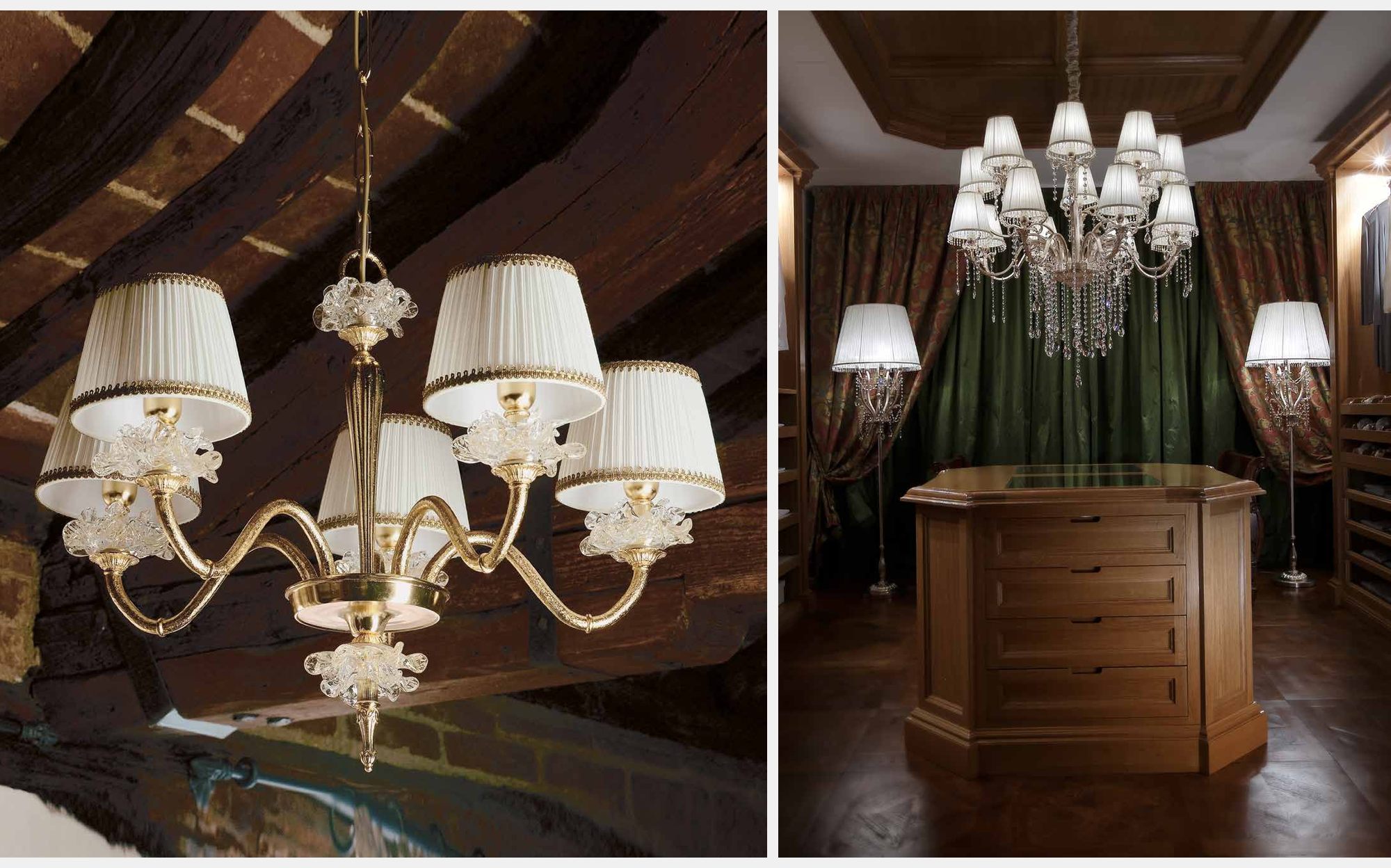 Il Paralume Marina Classic Lighting люстры с белыми абажурами в комнате с деревянными панелями &ndash; классическое итальянское освещение люкс