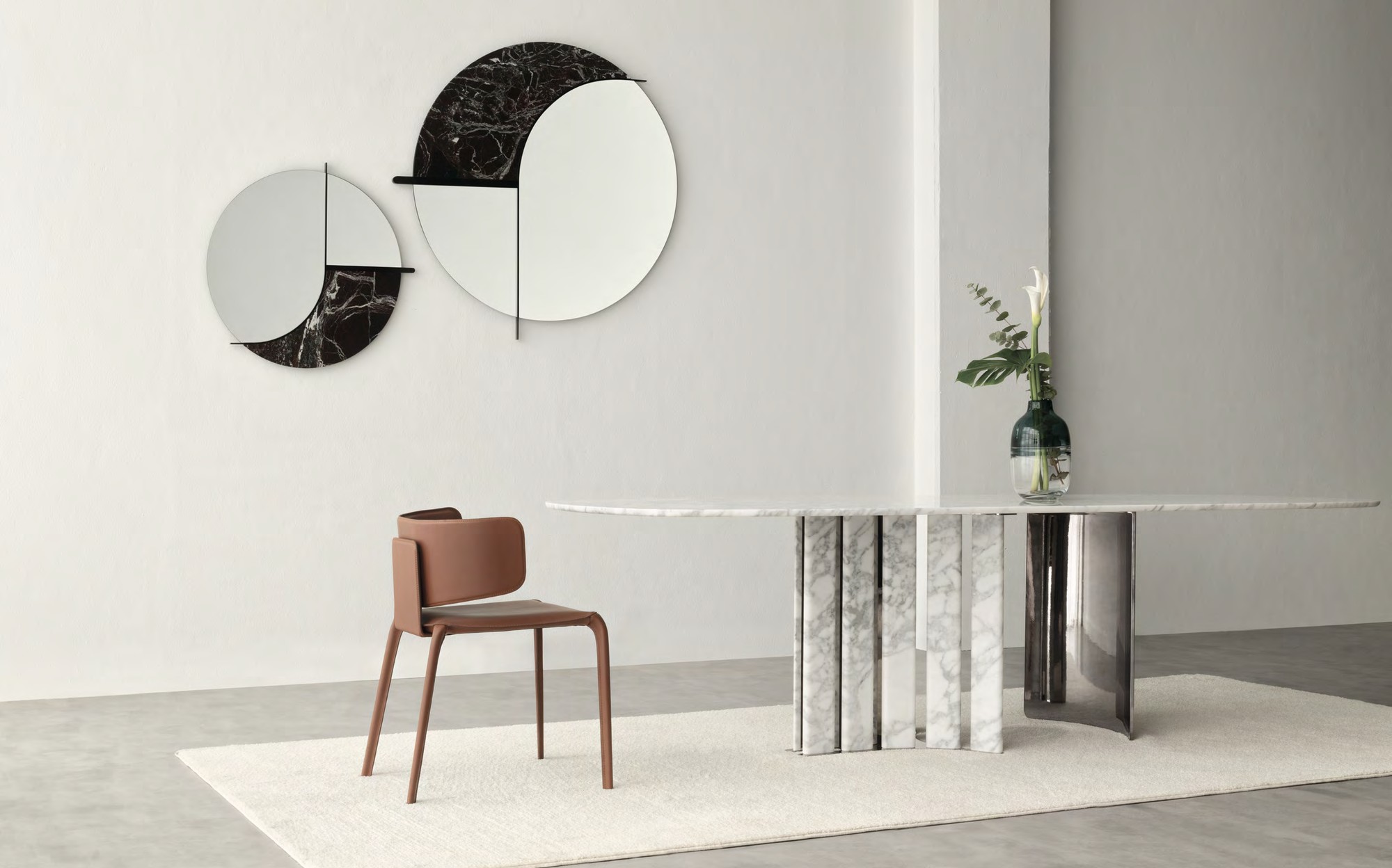 Lenzi Home Collection 2024 marble column dining table with leather chair and mirrors Lenzi Home Collection 2024 marble column dining table with leather chair and mirrors – Italian luxury furniture