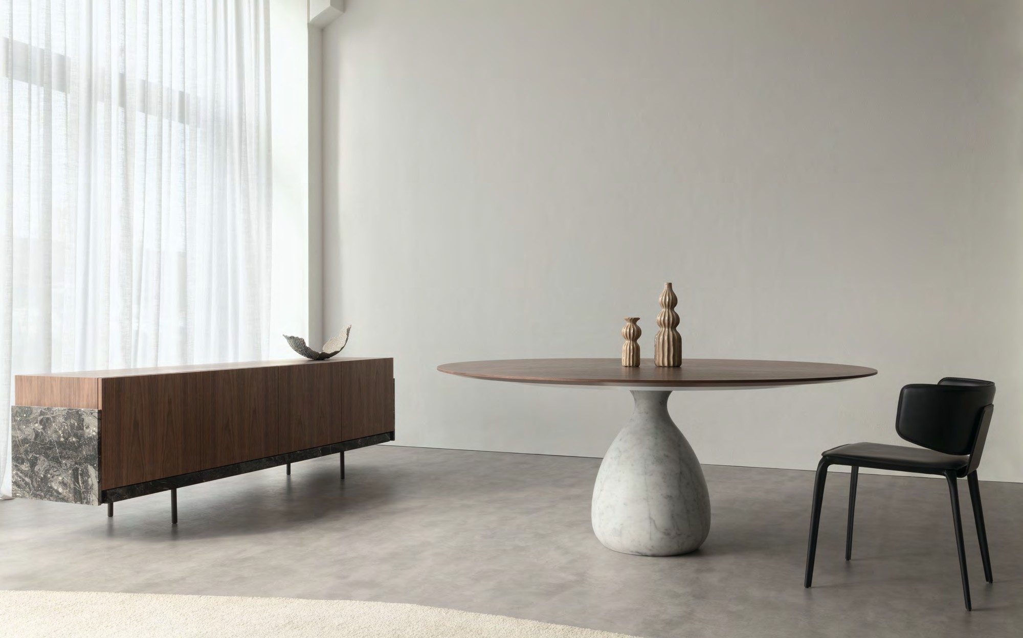 Lenzi Home Collection 2024 walnut sideboard and round table on marble base Lenzi Home Collection 2024 walnut sideboard and round table on marble base – Italian luxury furniture