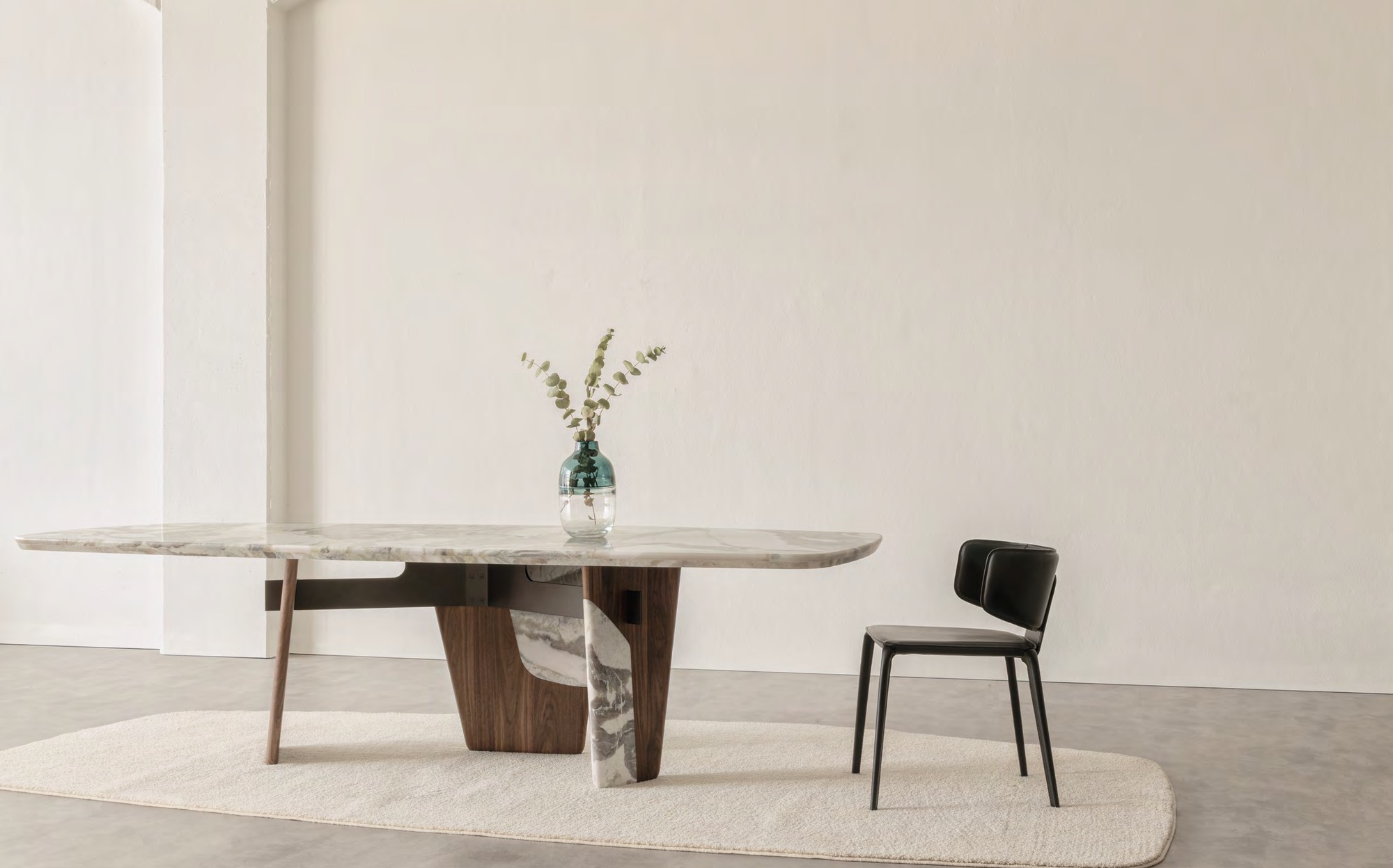 Lenzi Home Collection 2024 marble and walnut dining table with leather chair Lenzi Home Collection 2024 marble and walnut dining table with leather chair – Italian luxury furniture