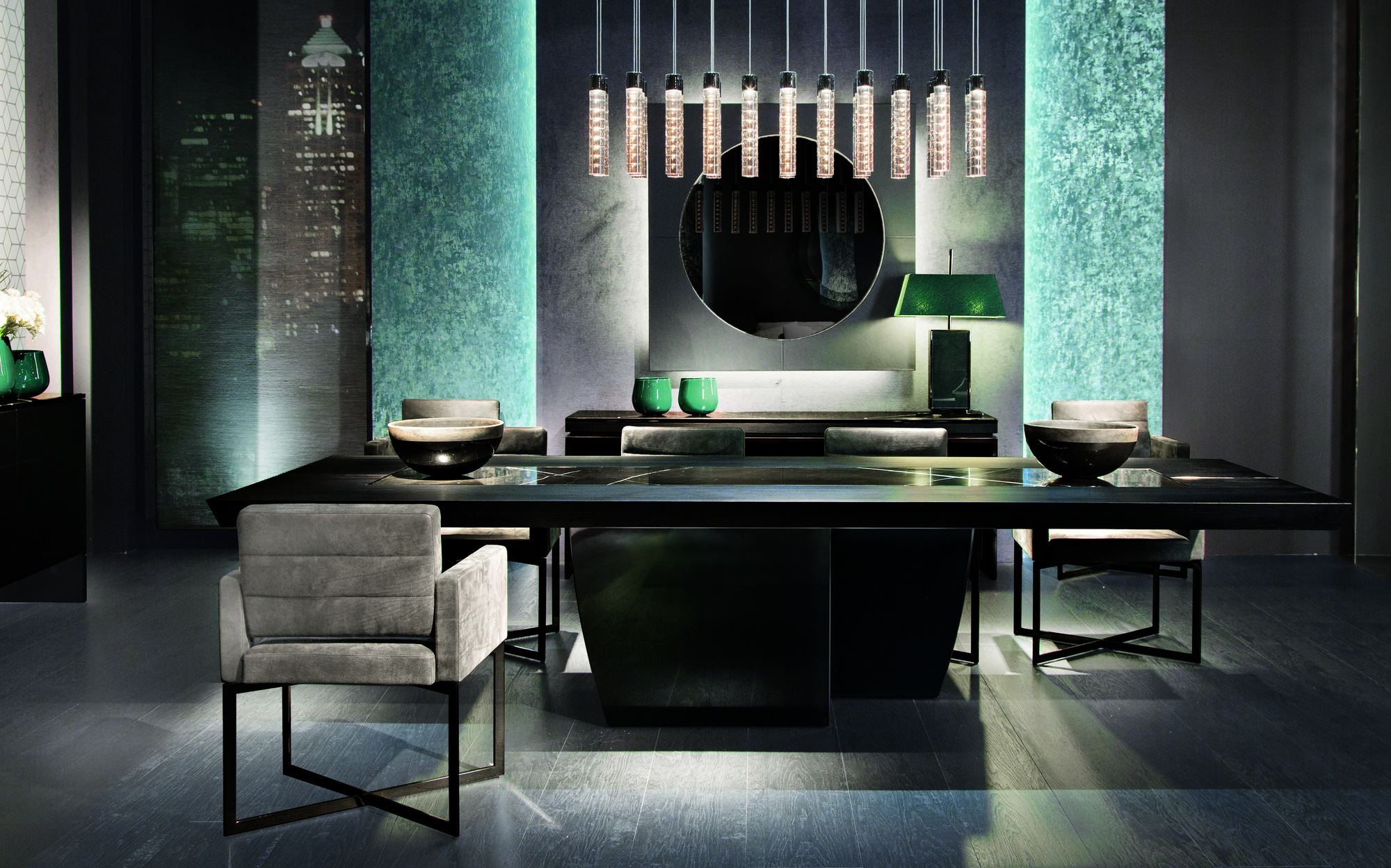 Malerba Black and More New in Town dining room with table and chandelier Malerba Black and More New in Town dining room with table and chandelier – contemporary Italian luxury furniture
